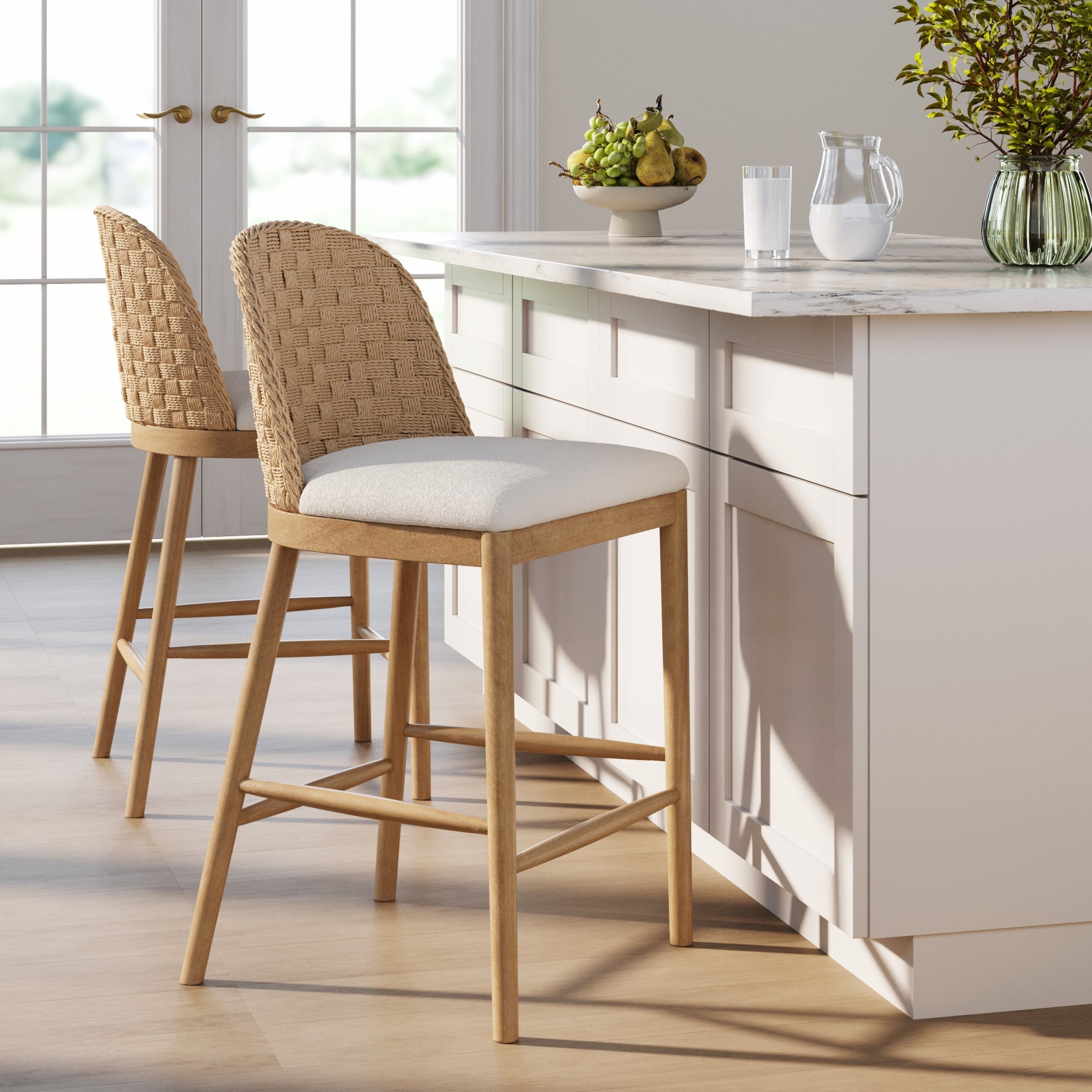 Woven Seagrass Back & Boucle Counter Bar Stool Light Brown (Set of 2) - Nathan James