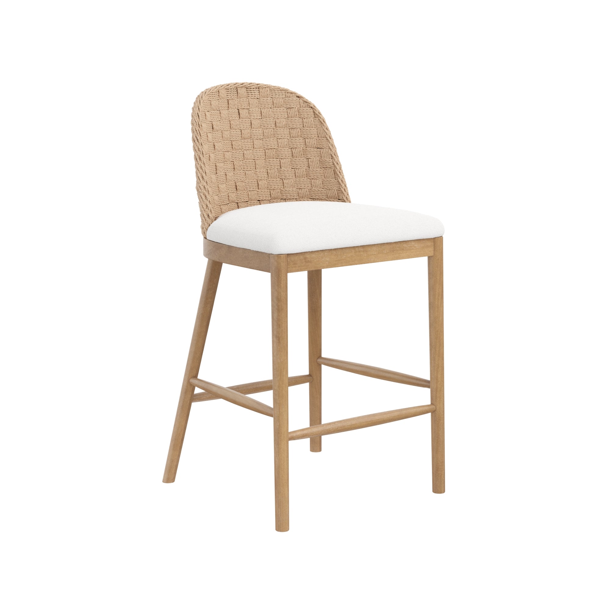 A wooden bar stool with a woven, curved backrest and a padded white seat cushion, featuring four angled legs and footrests, set against a white background.