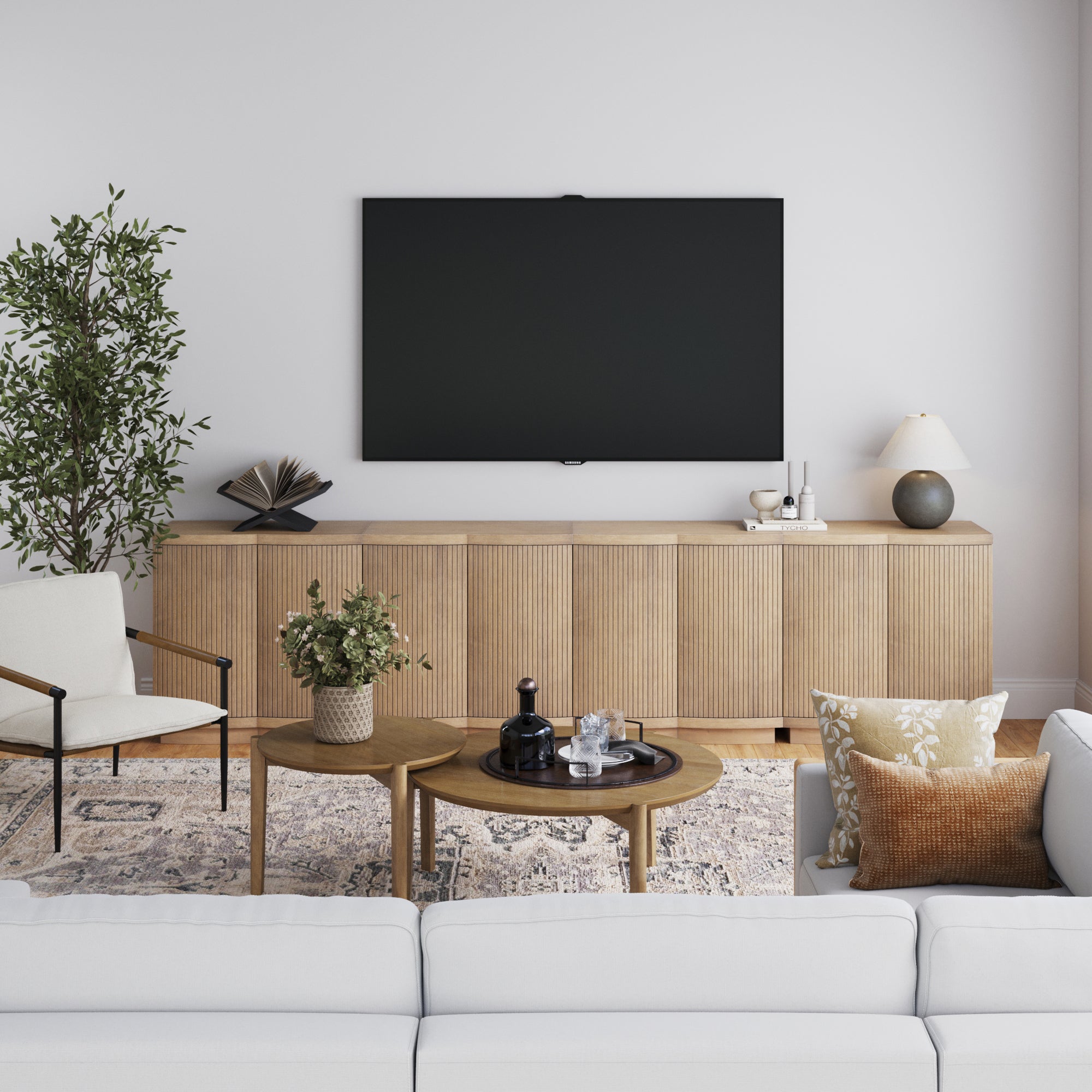 Mid - Century Modern Wood Fluted Large TV Console Stand Light Brown (85" TVs) - Nathan James