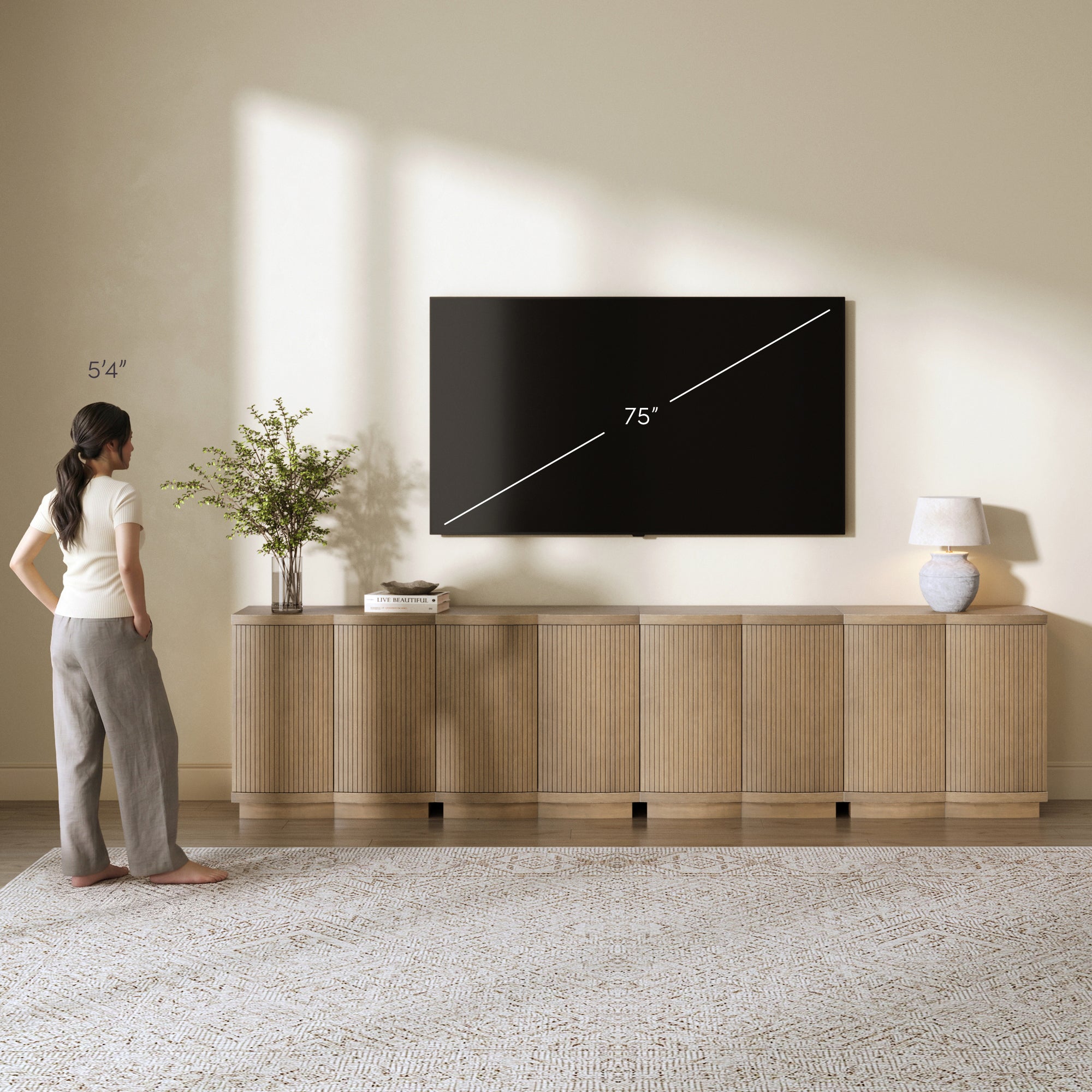 Mid-Century Modern Wood Fluted Large TV Console for TVs up to 100" Light Brown - Nathan James
