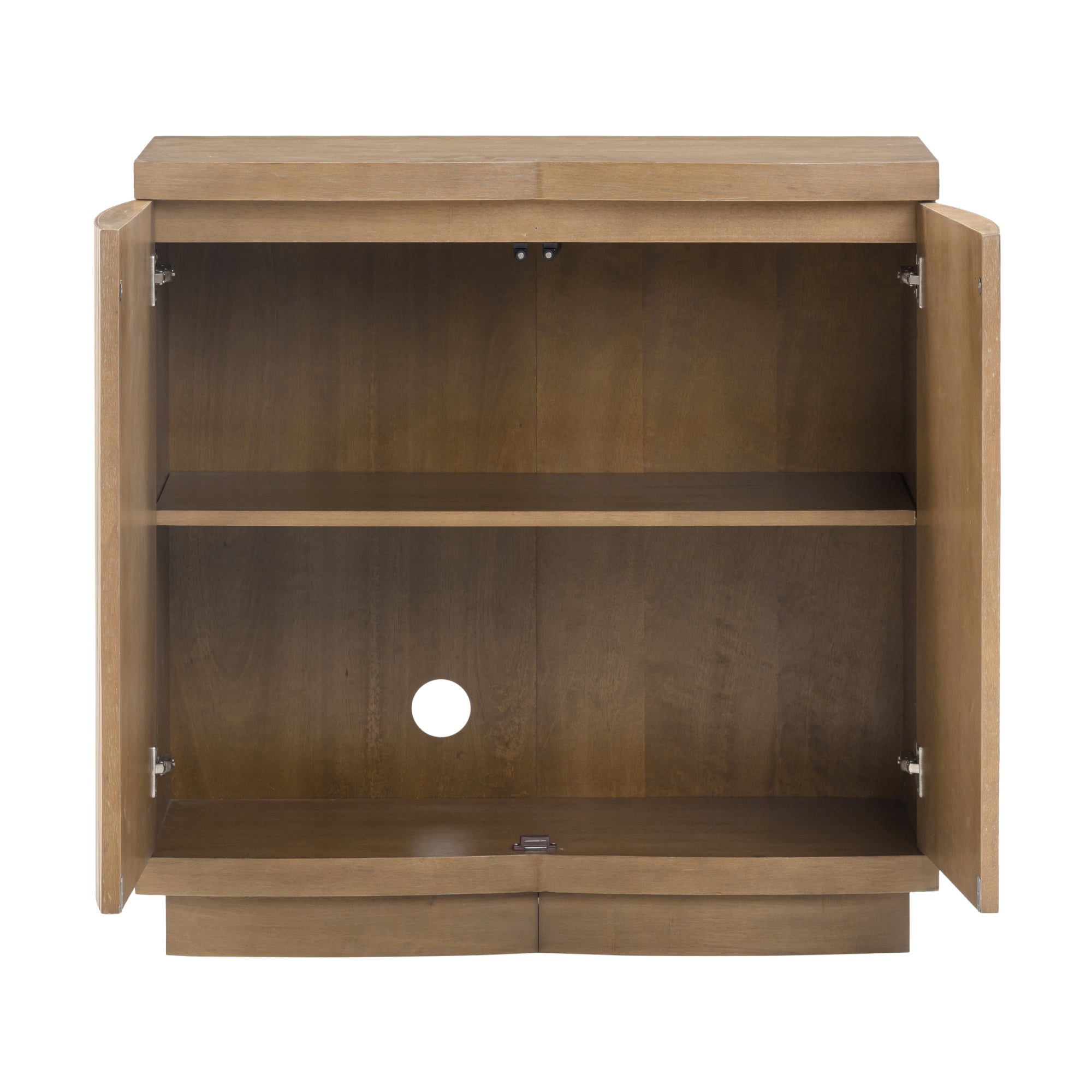 A wooden cabinet with two doors open, revealing an empty interior with a single shelf and a circular cut-out at the back panel for cable management.