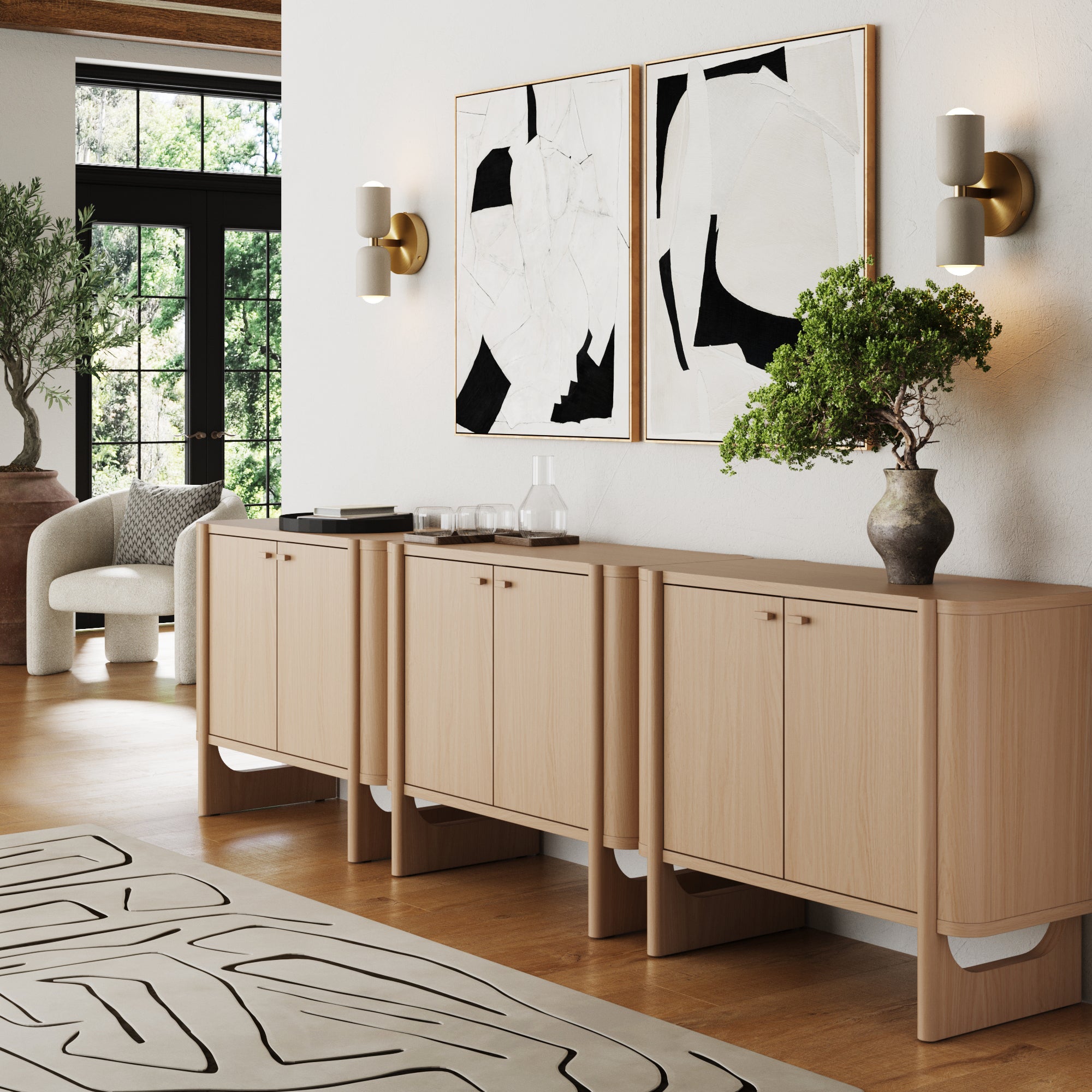 Mid - Century Modern Solid Wood Accent Cabinet Credenza Raw Oak (Set of 3) - Nathan James