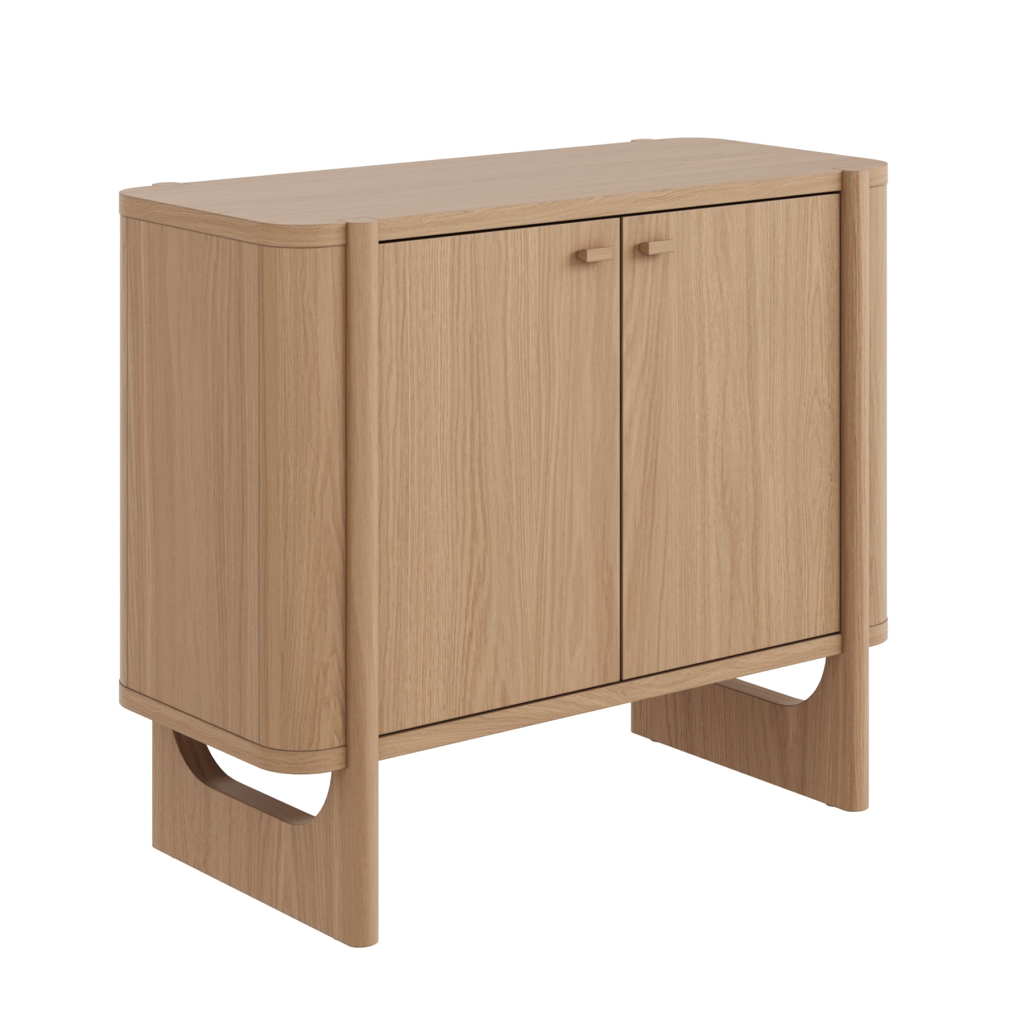 A modern, light wood cabinet with two doors, rounded edges, and minimalist handles, standing on a sturdy open-frame base.