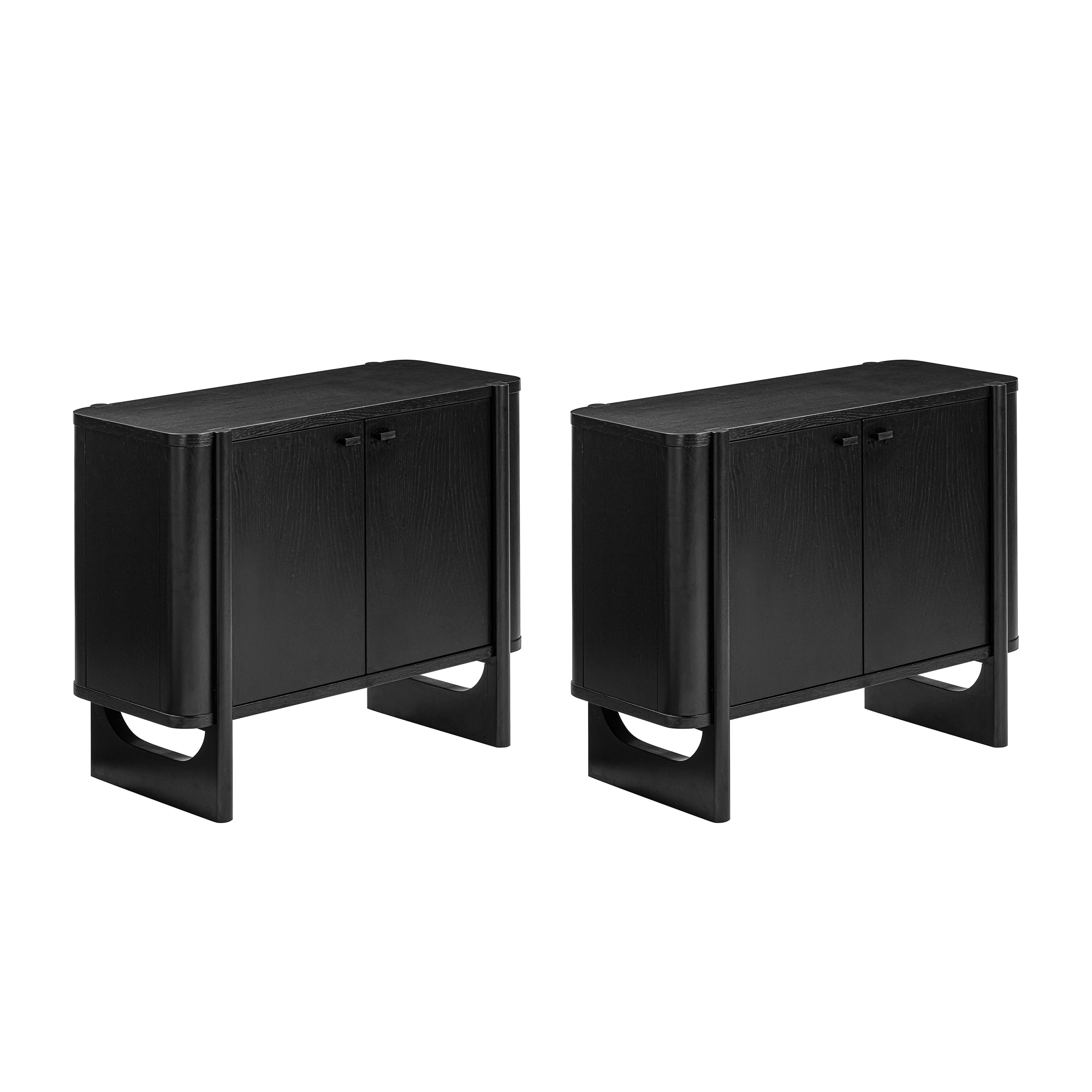 Two matching black wooden cabinets with double doors, each featuring a modern design with clean lines and elevated legs, placed side by side against a white background.