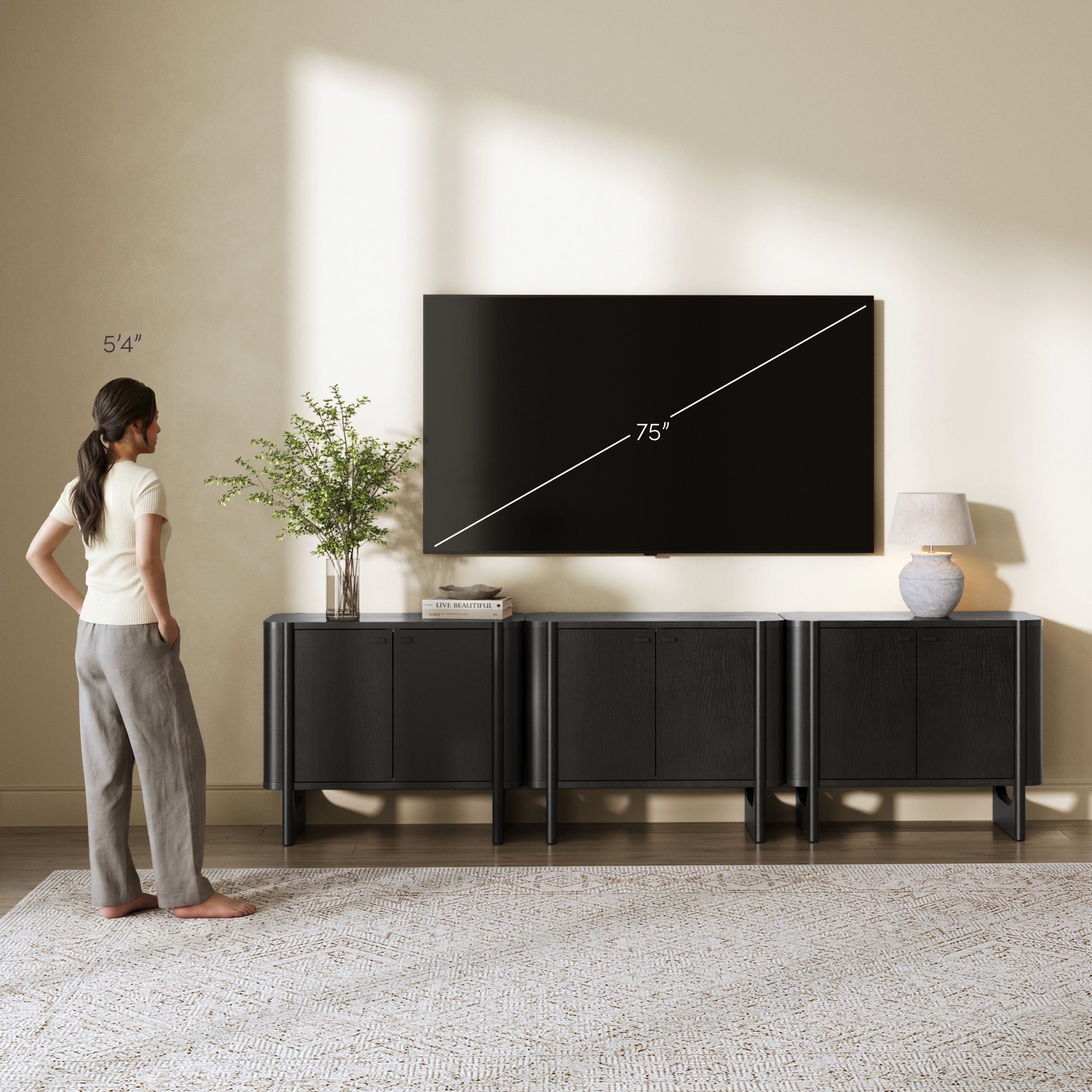 Mid-Century Modern Solid Wood Accent Cabinet Credenza Black (Set of 3) - Nathan James