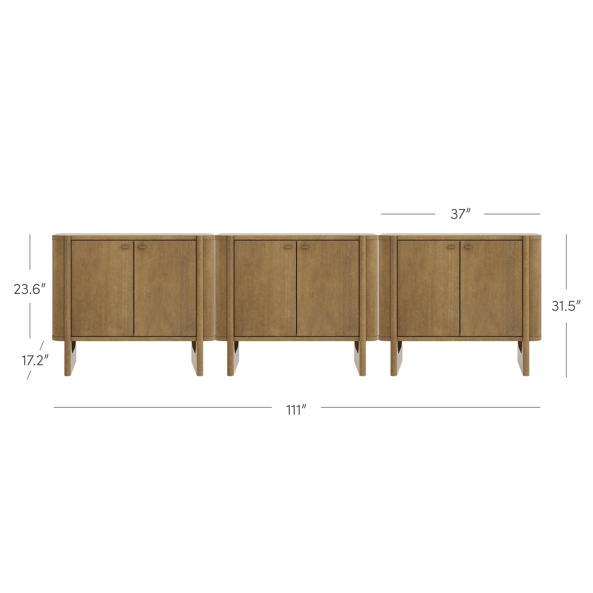 Three wooden cabinets with double doors, placed side by side. Each cabinet is 37 wide, 31.5 tall, and 23.6 off the ground. The total width of all three together is 111.