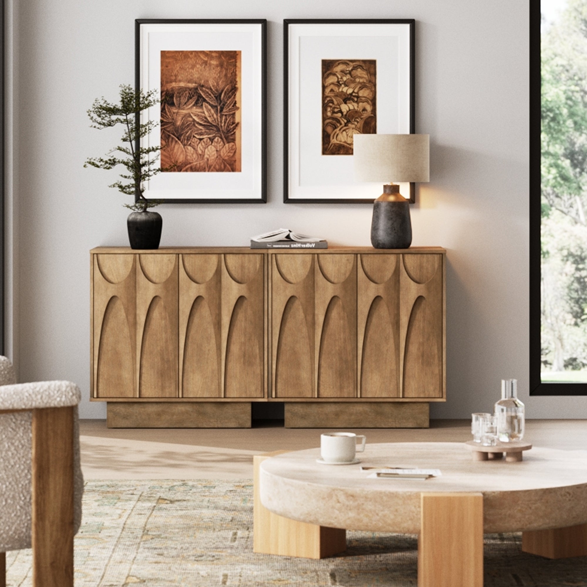 Mid Century Credenza with Antique Carved Doors Light Brown (Set of 2) - Nathan James