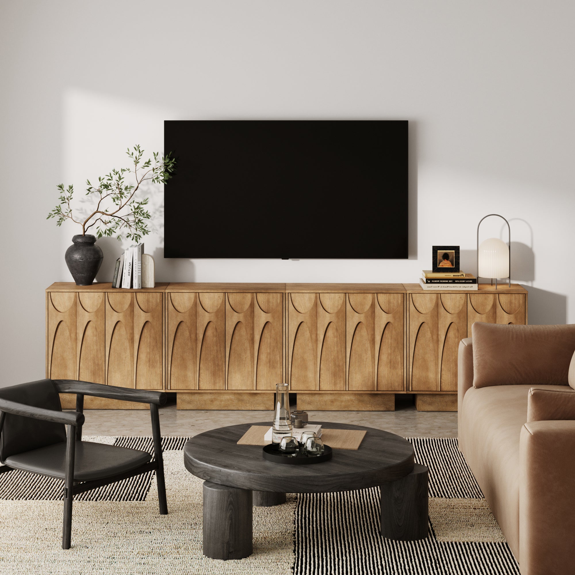 Wooden TV Console with Antique Carved Doors for TVs 85" Light Brown - Nathan James