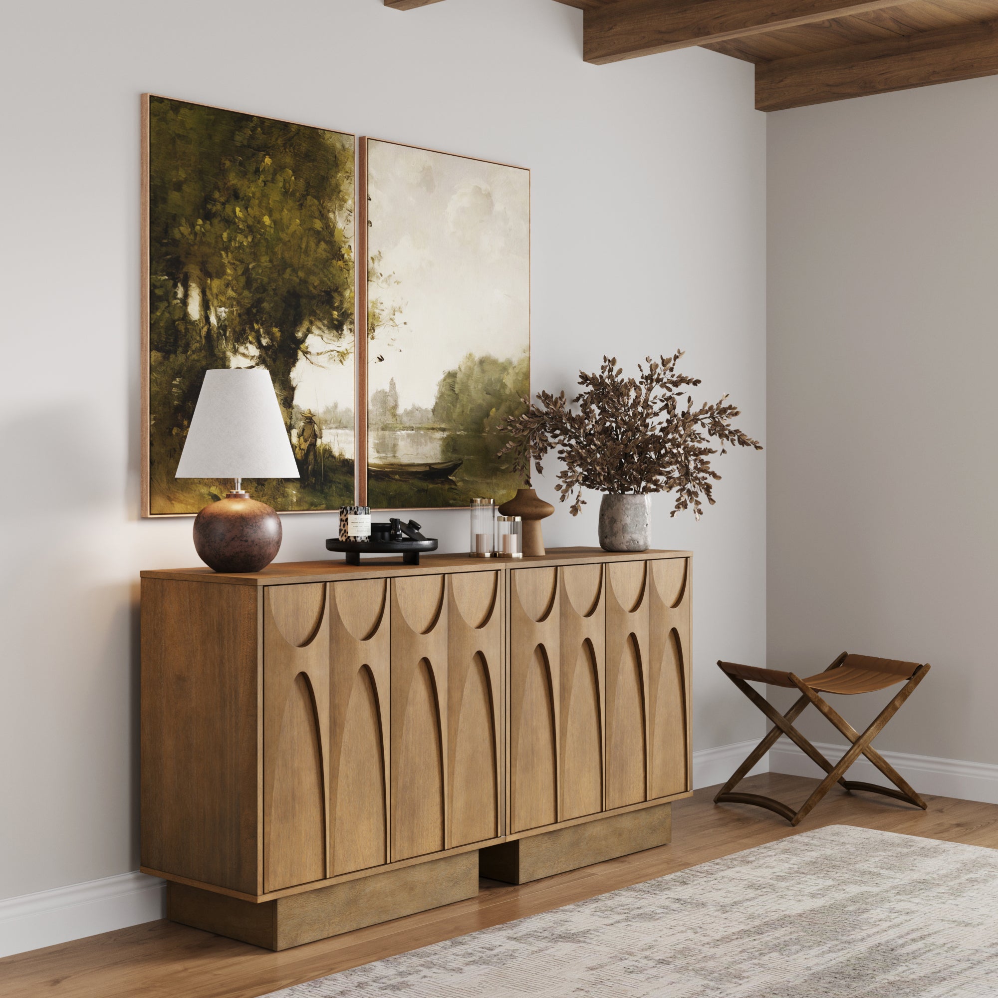 Mid Century Credenza with Antique Carved Doors Light Brown - Nathan James