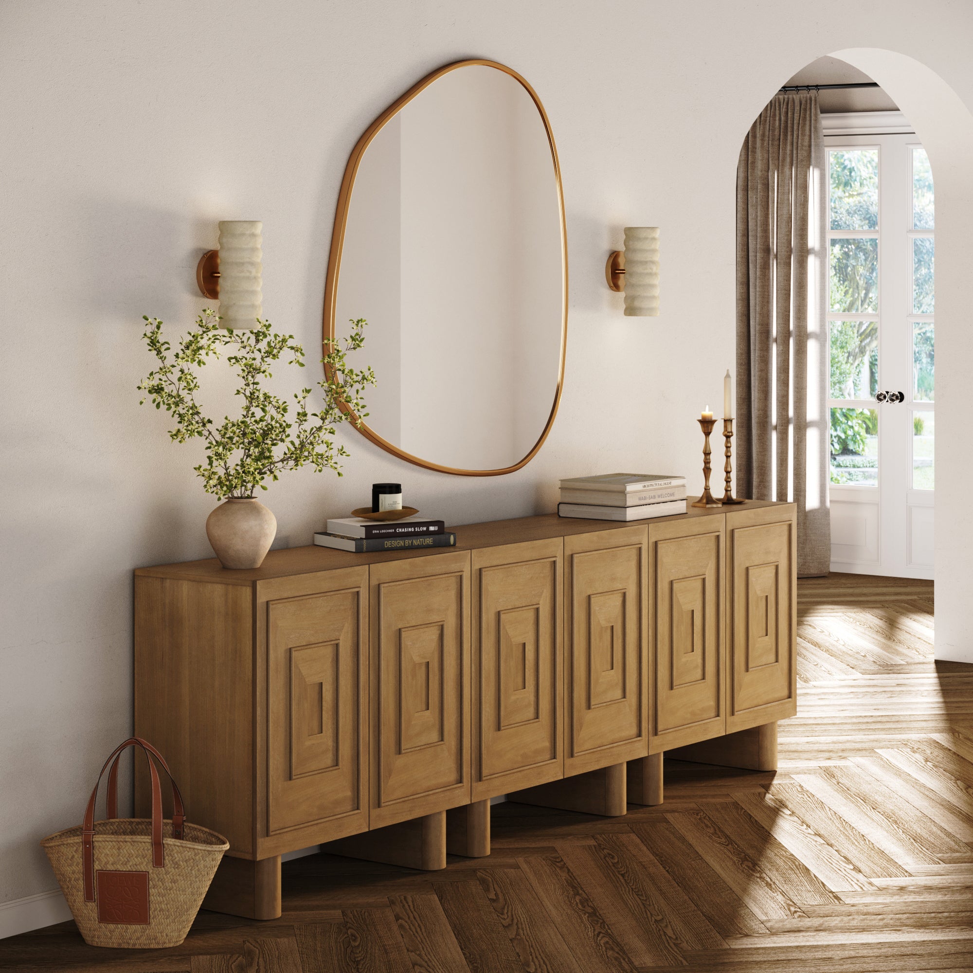 Mid Century Bar Cabinet Credenza with Sculpted Doors Light Brown (Set of 3) - Nathan James