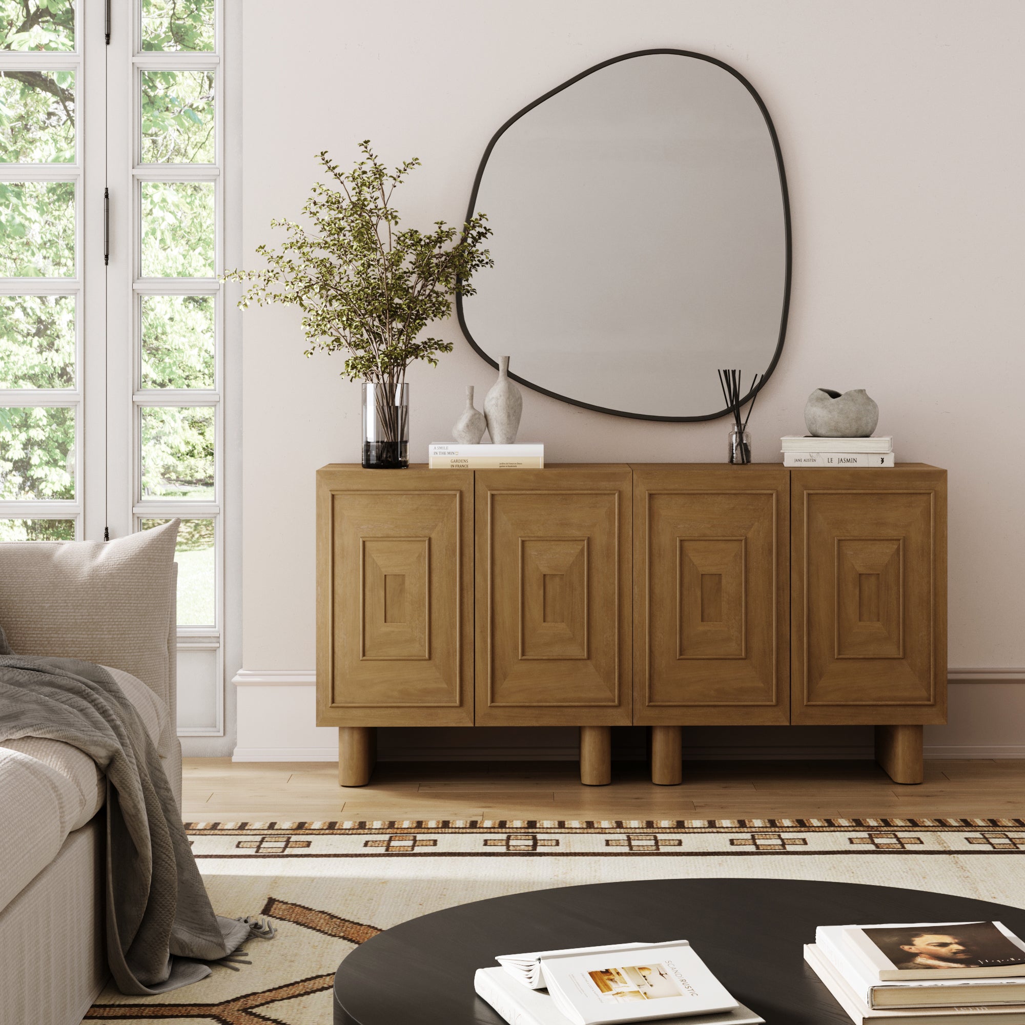 Mid Century Bar Cabinet Credenza with Sculpted Doors Light Brown - Nathan James