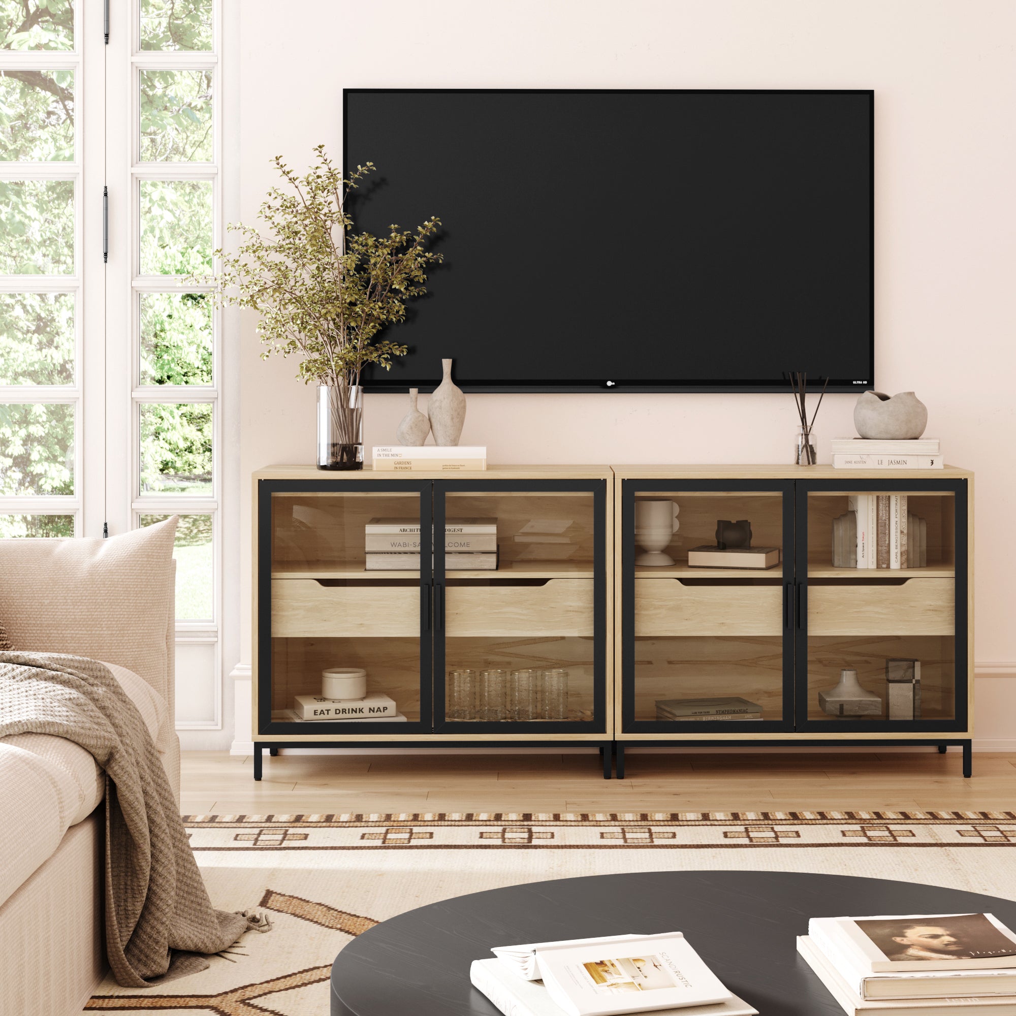Glass TV Stand Console Cabinet with Doors for 55 - 65" TVs - Nathan James