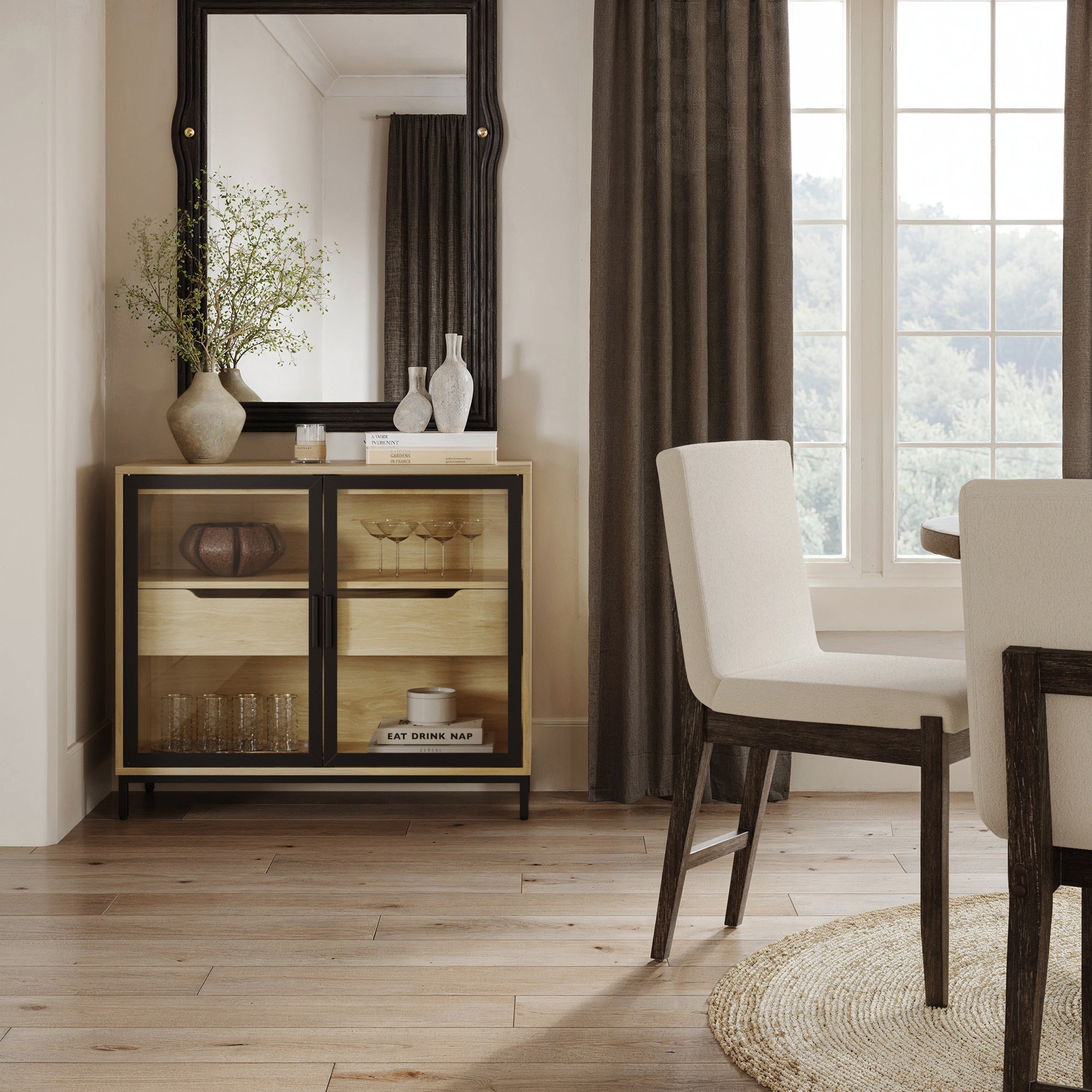 Two - Door Glass Accent Cabinet with Drawer Light Oak - Nathan James