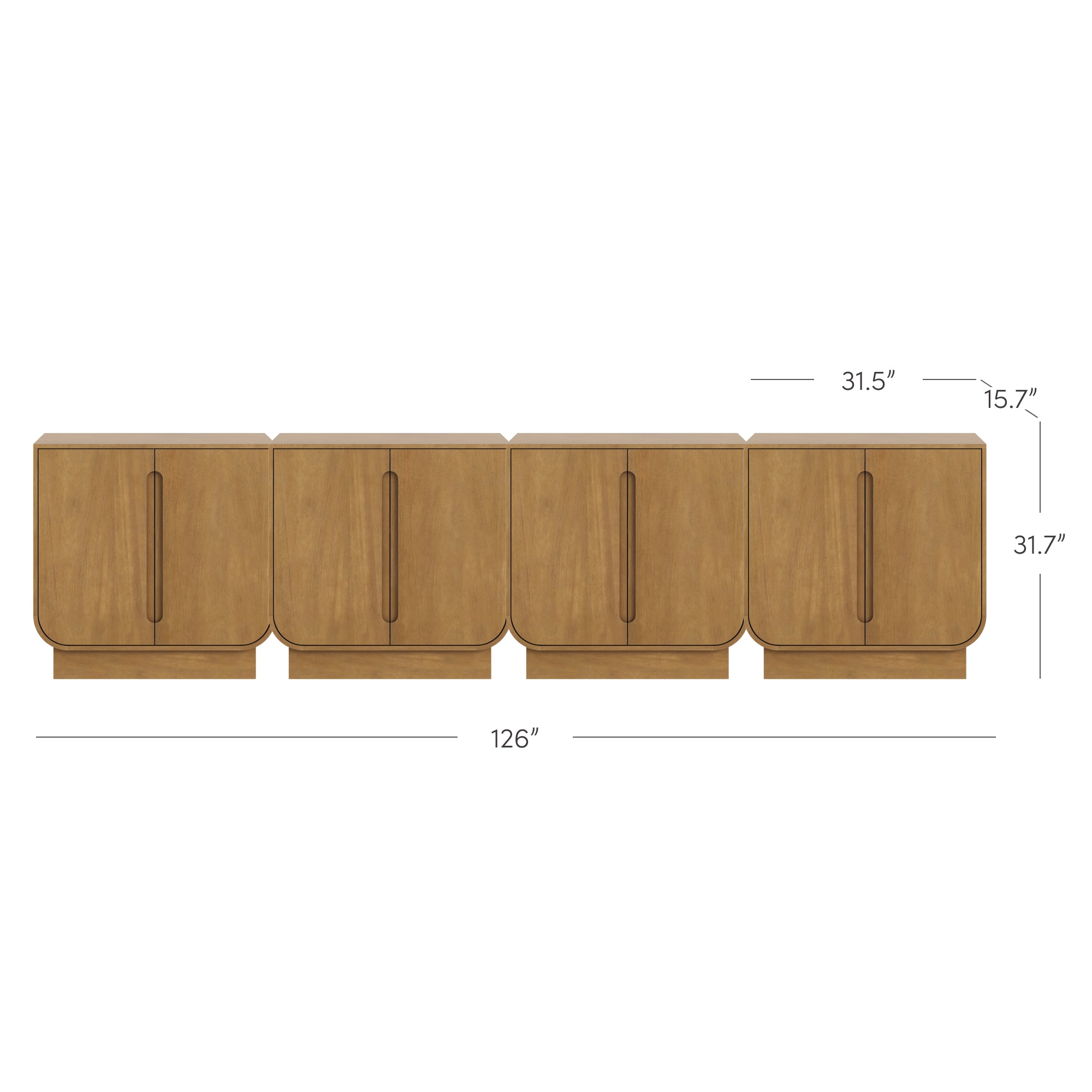 Four wooden cabinets with rounded corners are aligned side by side. Dimensions are marked: each cabinet is 31.5 inches wide, 15.7 inches deep, and 31.7 inches tall; total width is 126 inches.