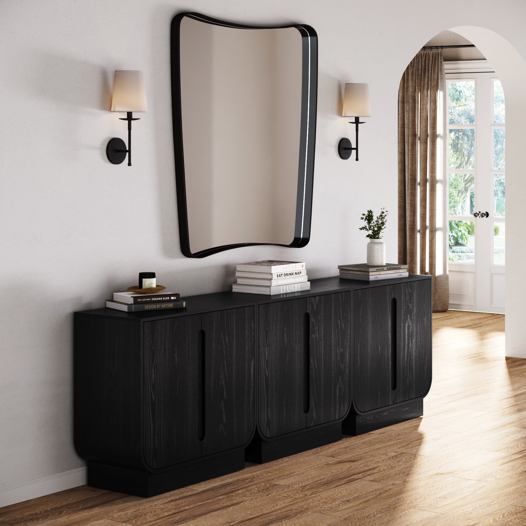 Wooden Arched TV Console Stand Black Oak for TVs 75 - 85" - Nathan James