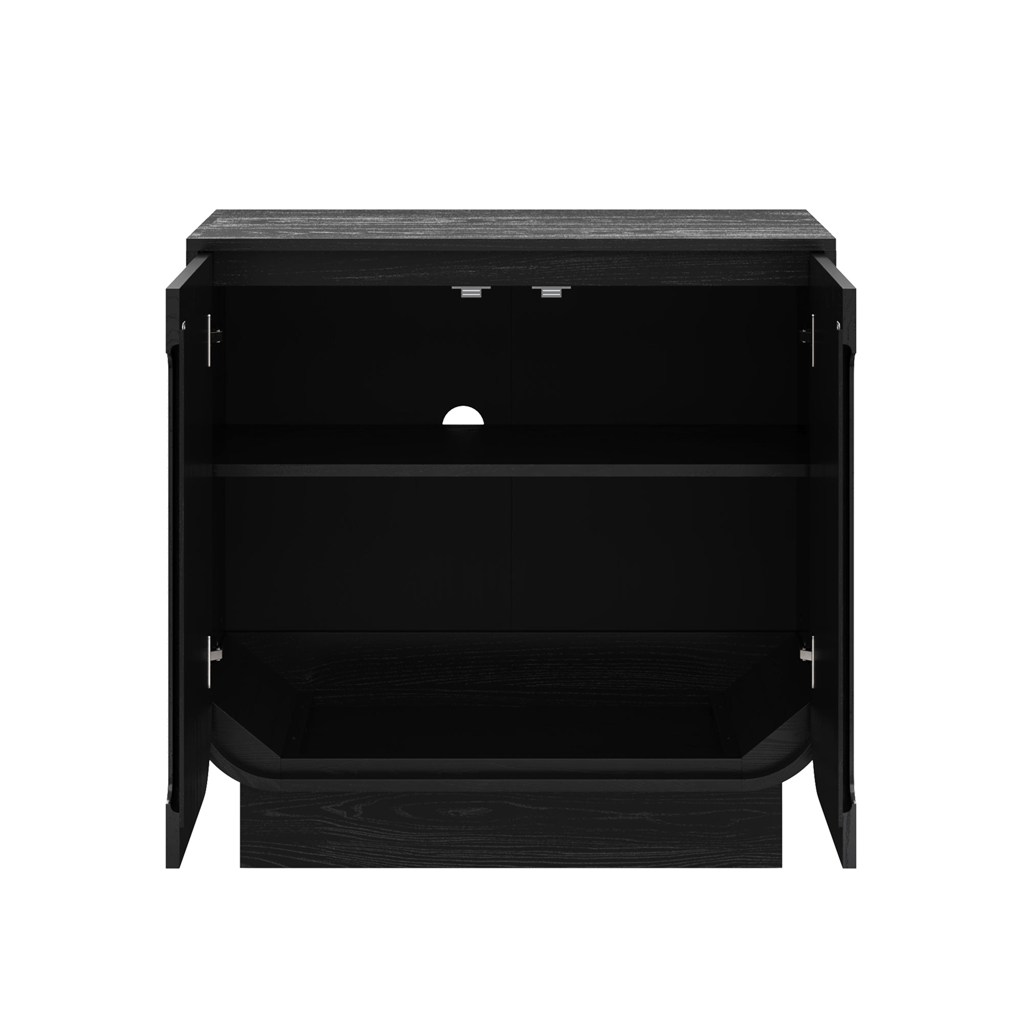 A black wooden cabinet with two open doors, an open shelf inside, and a circular cutout in the back panel, suitable for media or storage purposes.