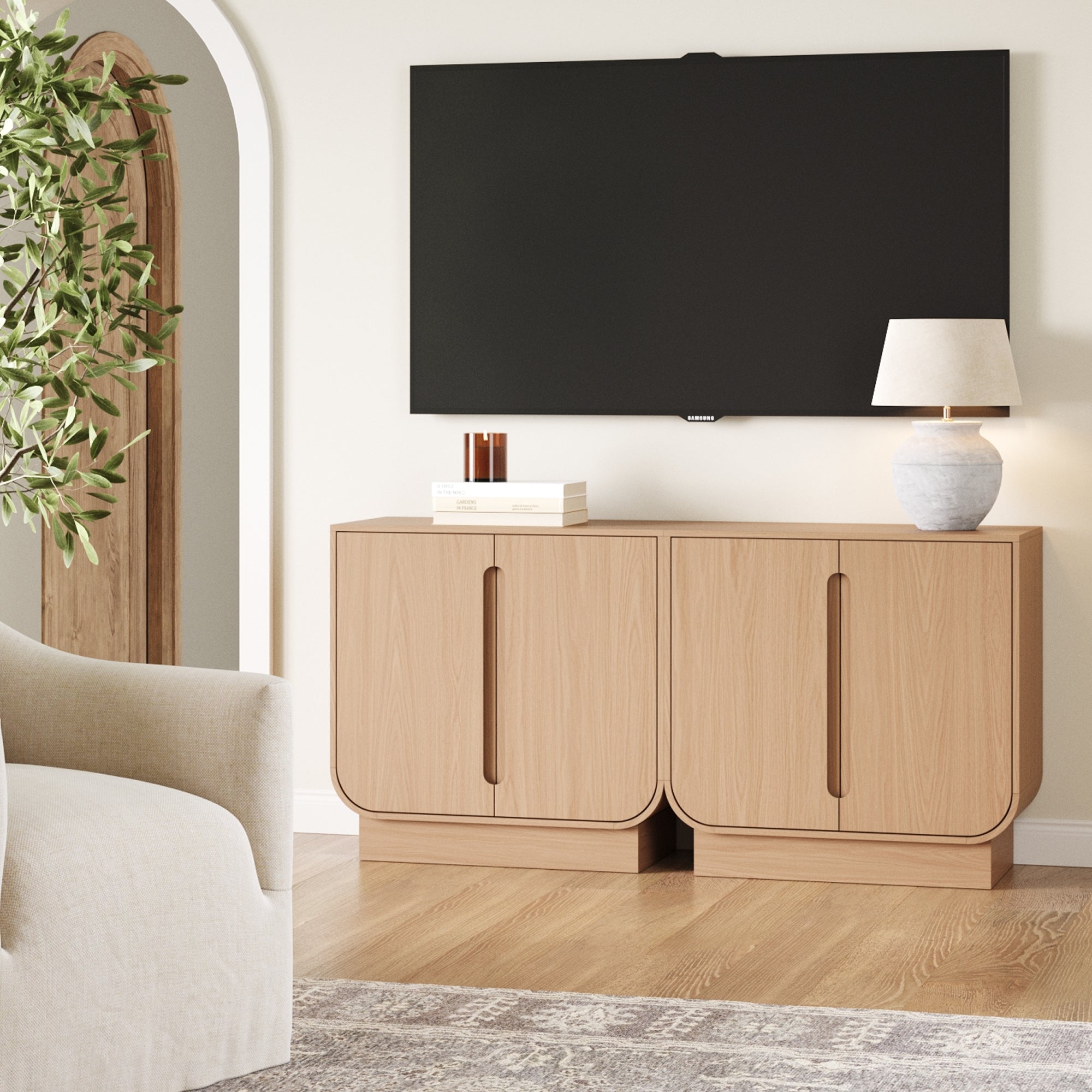 Wooden Arched TV Console Stand Raw Oak for TVs 55 - 65" - Nathan James