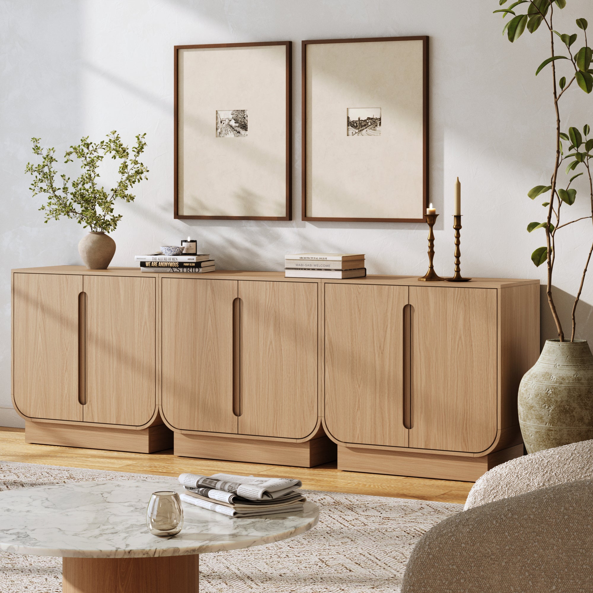 Wooden Arched Accent Cabinet or Kitchen Credenza Raw Oak (Set of 3) - Nathan James