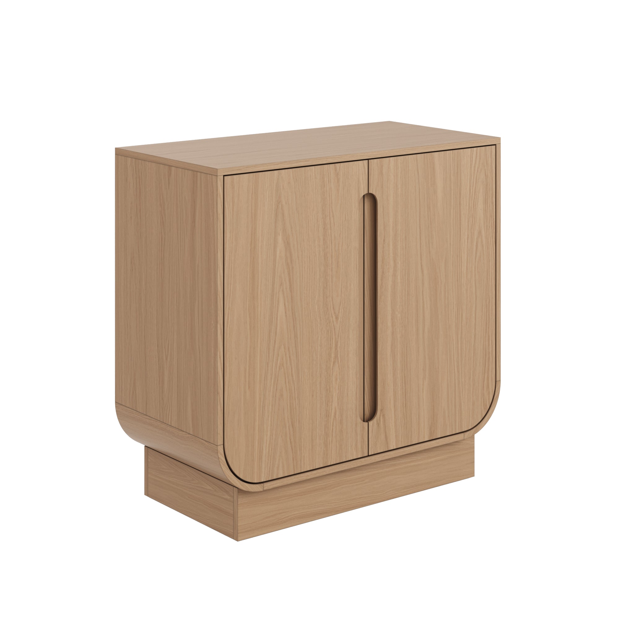 A modern, light wood cabinet with two front doors featuring a central vertical handle cutout and a rectangular base, set against a white background.