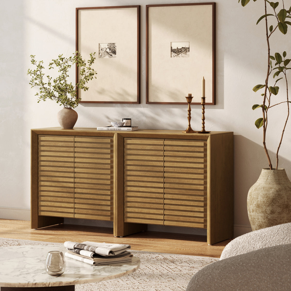 Modern Wood Storage Credenza with Slatted Doors Brown (Set of 2) - Nathan James