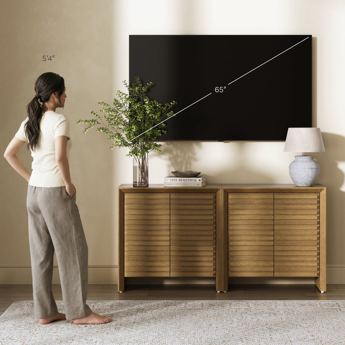 Modern Wood Storage Credenza with Slatted Doors Brown (Set of 2) - Nathan James