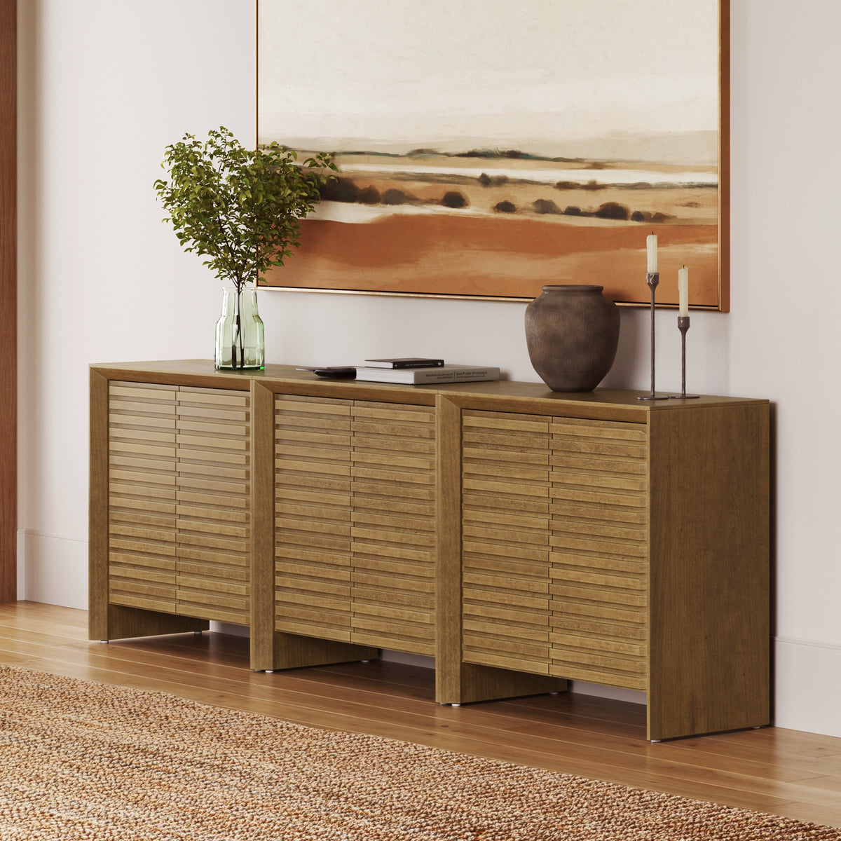 Modern Wood Storage Credenza with Slatted Doors Brown (Set of 3) - Nathan James
