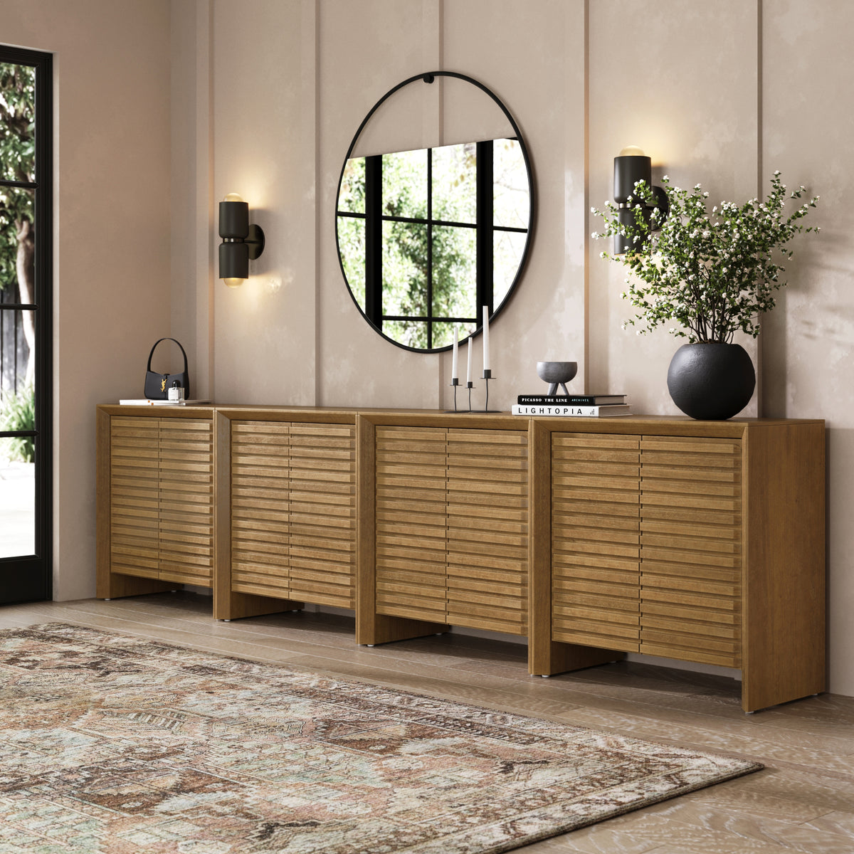 Modern Wood Storage Credenza with Slatted Doors Brown (Set of 4) - Nathan James