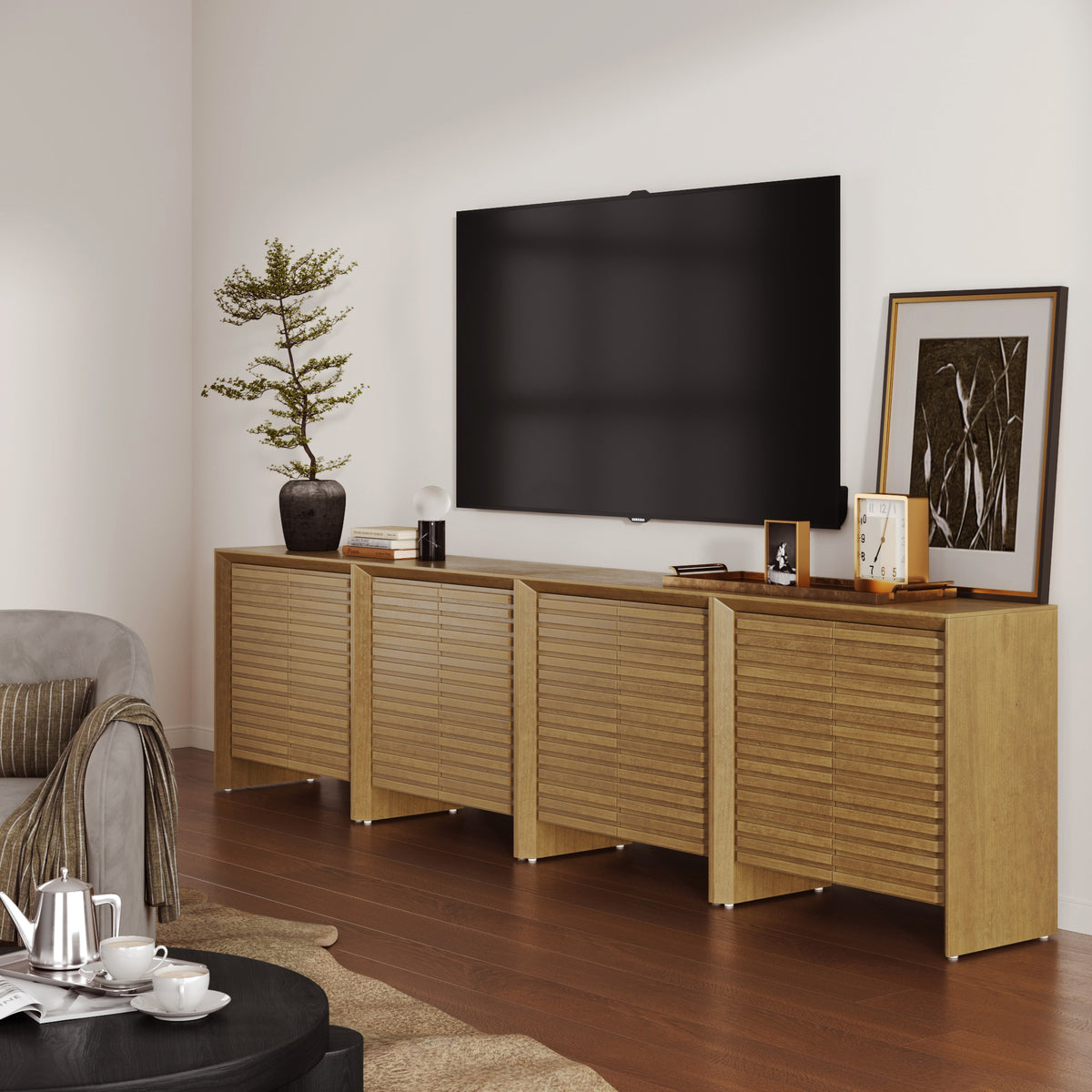 Modern Wood Storage Credenza with Slatted Doors Brown (Set of 4) - Nathan James