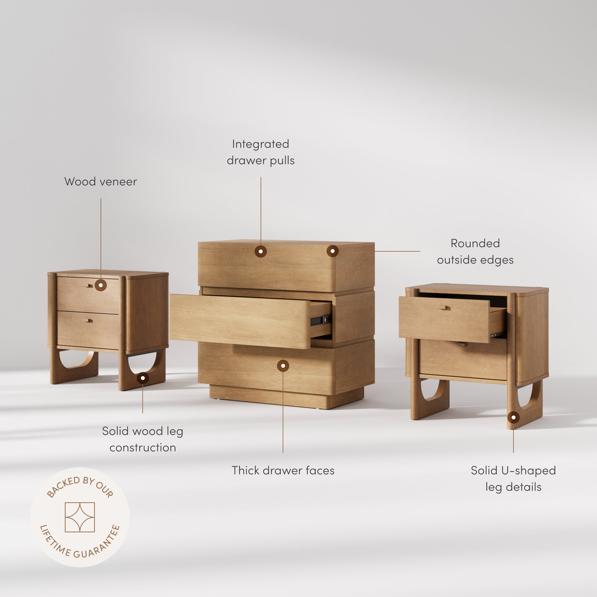 Mid Century Modern Rounded Dresser and Nightstand Set (3-Piece) - Nathan James