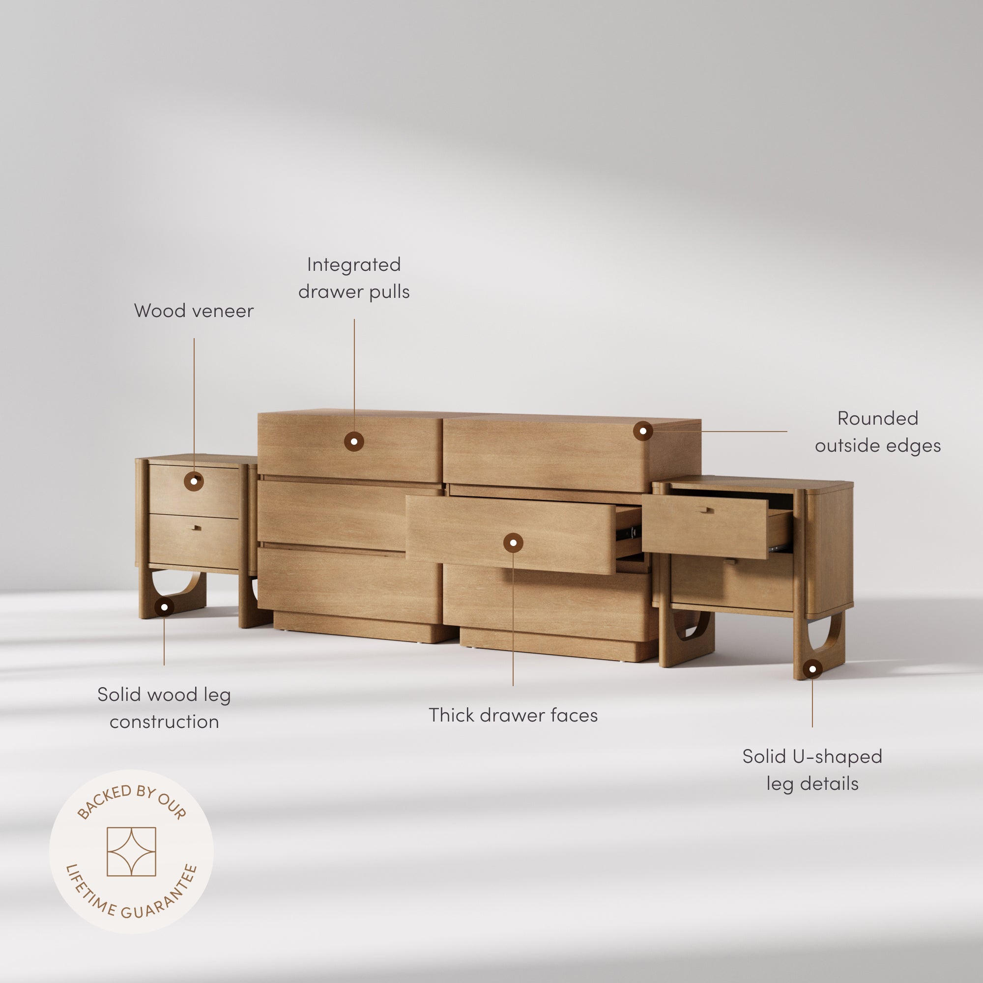 Mid Century Modern Rounded Dresser and Nightstand Set (4-Piece) - Nathan James