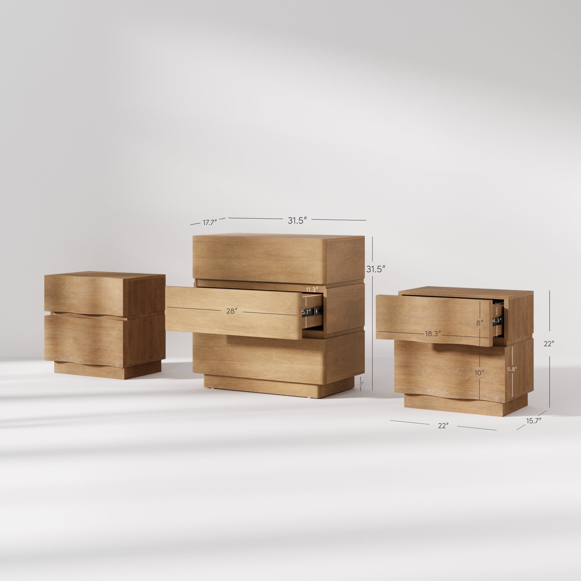 Modern Wooden Dresser and Scalloped Nightstand Set (3-Piece) - Nathan James