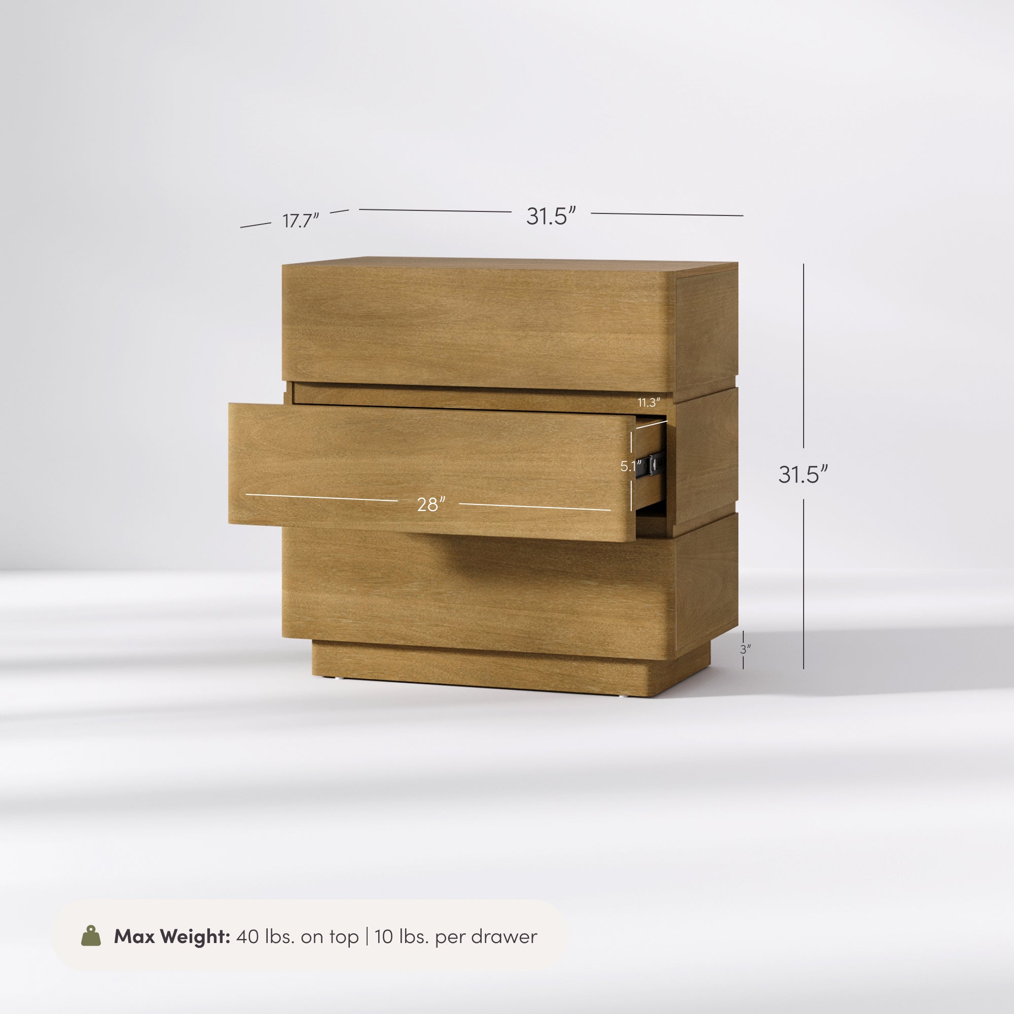 Wooden Modern 3-Drawer Dresser or Oversized Nightstand Light Brown - Nathan James