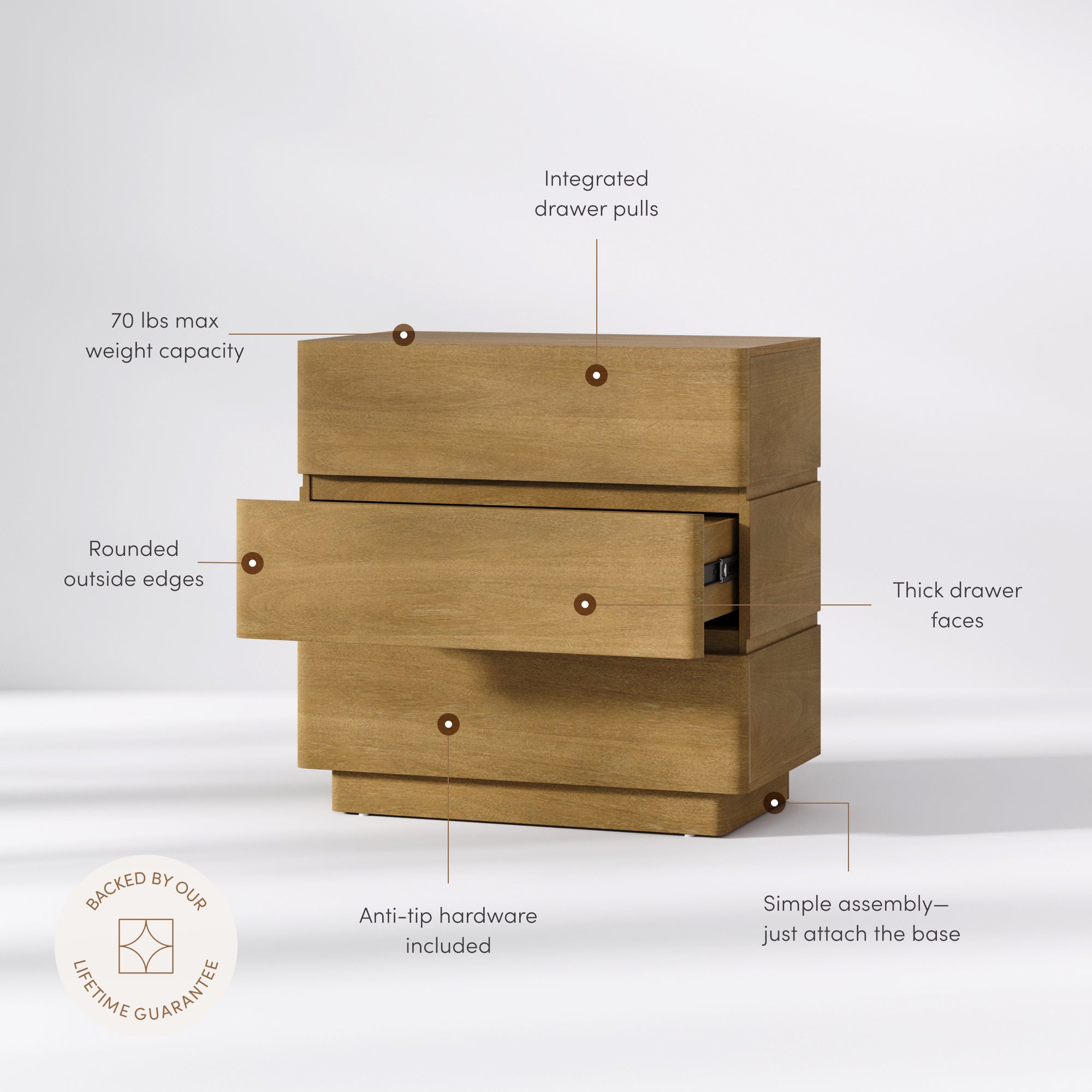 Wooden Modern 3-Drawer Dresser Light Brown - Nathan James