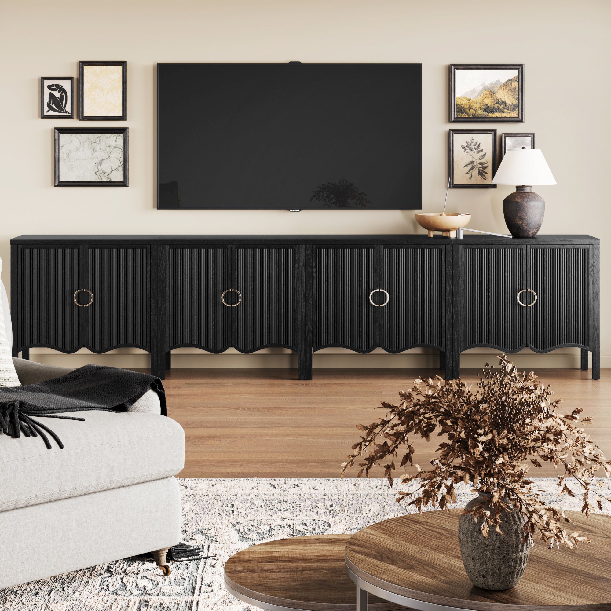 Wood Transitional Fluted TV Console Black Oak for 85" TVs - Nathan James