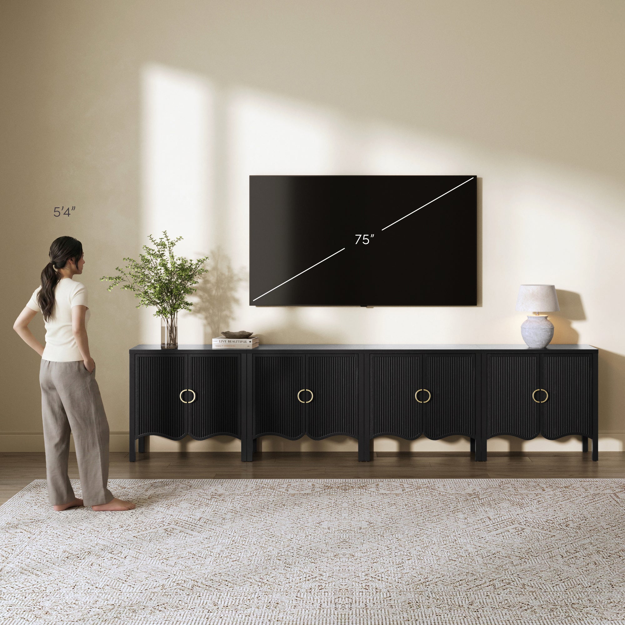 Wood Transitional Fluted TV Console Black Oak for TVs up to 100" - Nathan James