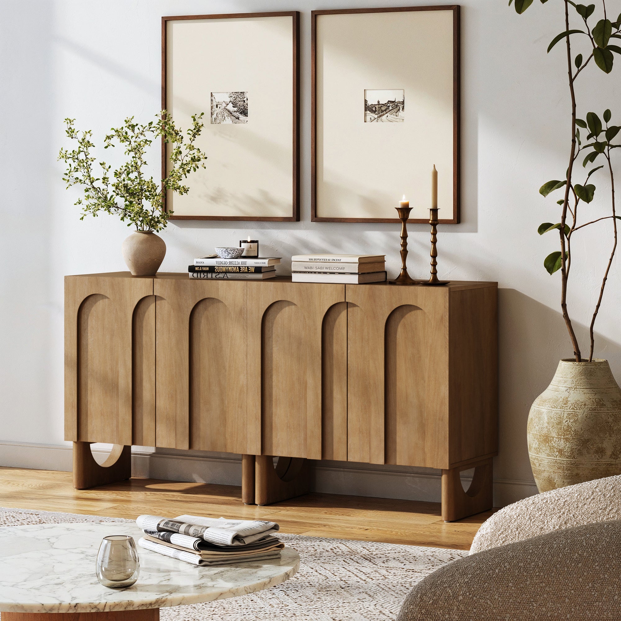 Wood Modular TV Console with Arched Doors for TVs 55 - 65" Light Brown - Nathan James