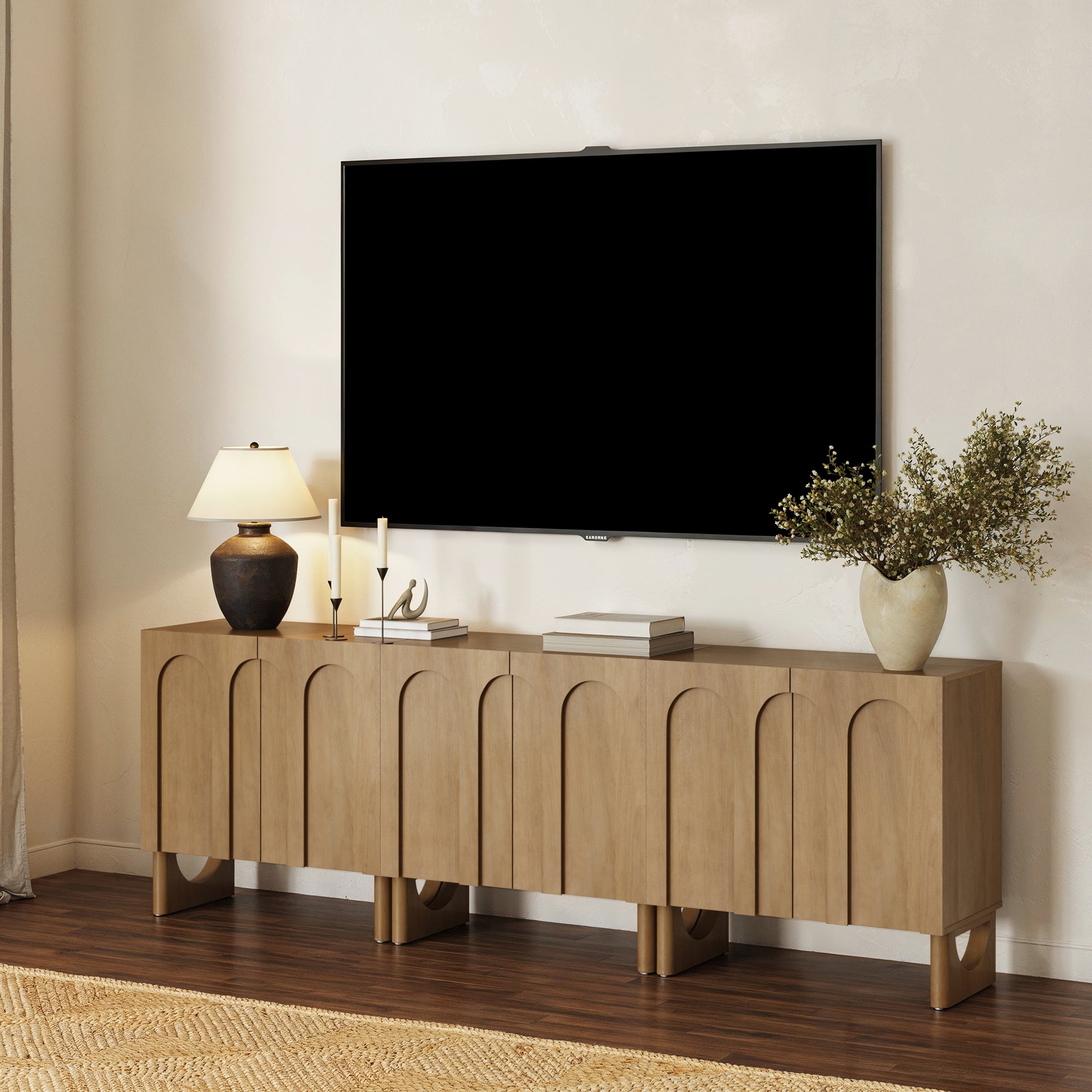 Wood Modular TV Console with Arched Doors for TVs 75 - 85" Light Brown - Nathan James