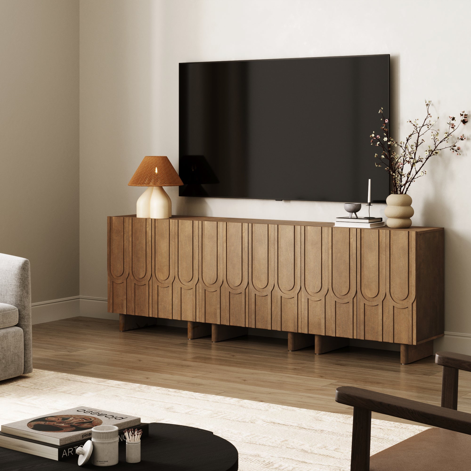 Mid Century Style Credenza with Geometric Carved Doors Light Brown (Set of 3) - Nathan James