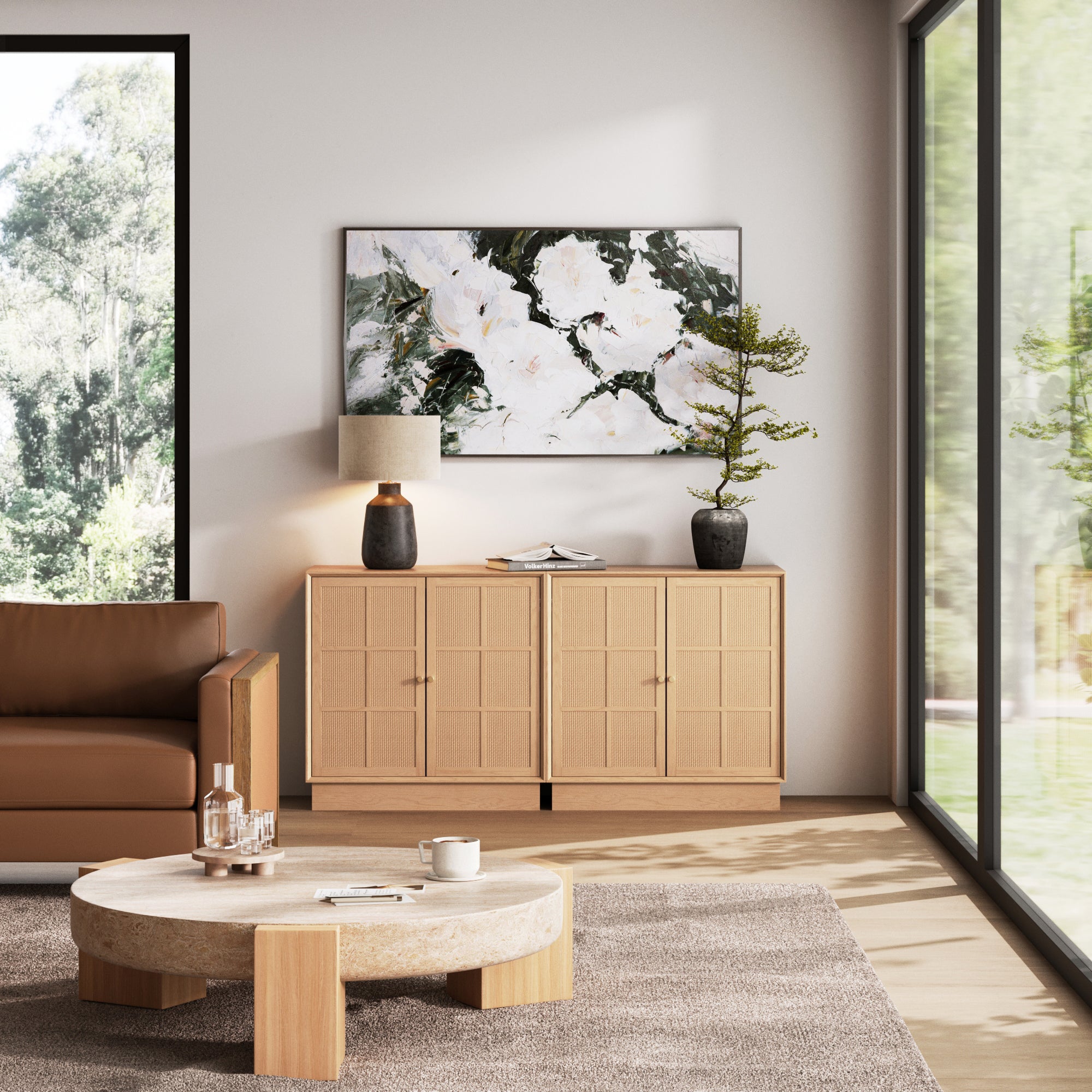 Modern Coastal Rattan Wood Sideboard Storage Cabinet Raw Oak (Set of 2) - Nathan James