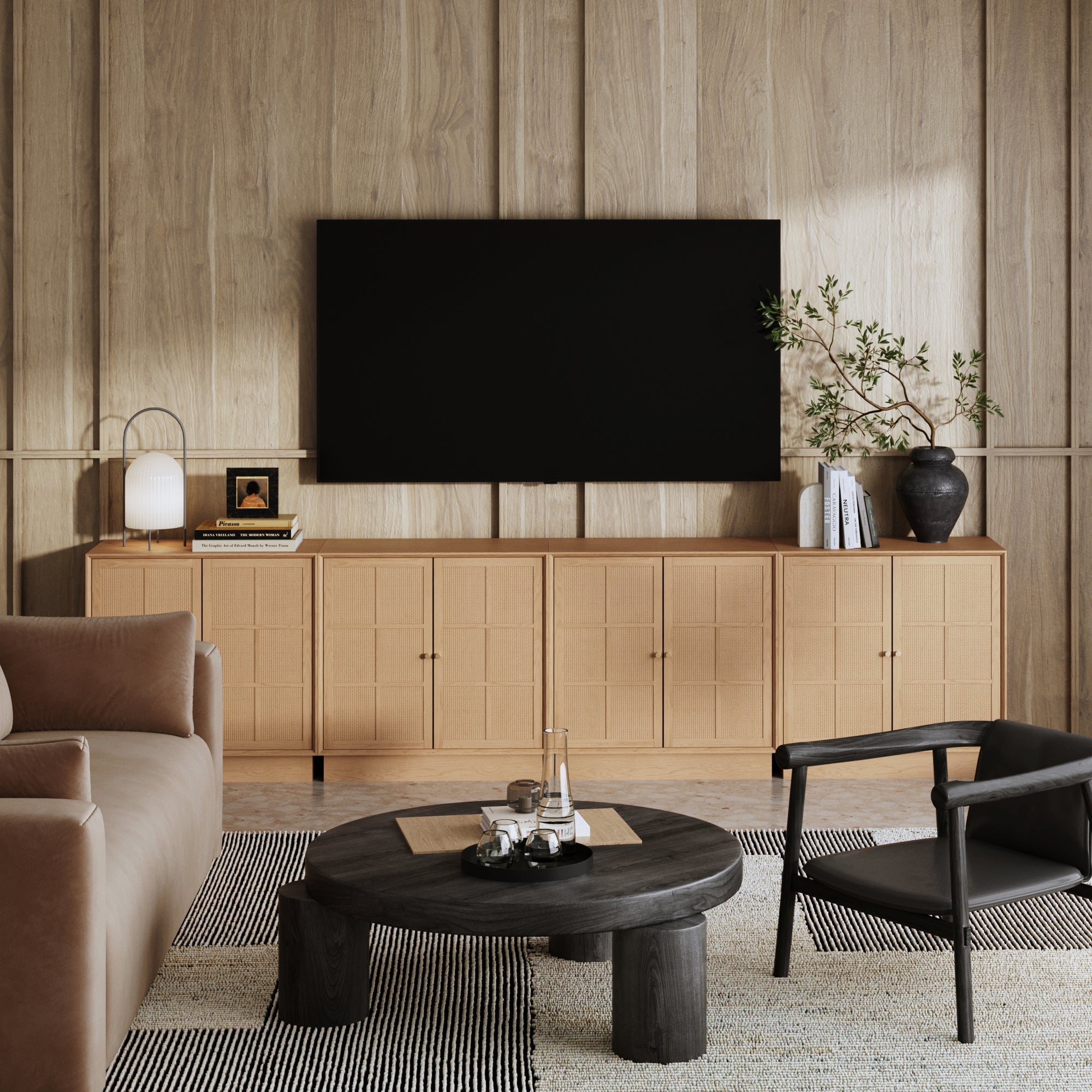 Modern Coastal Raw Oak TV Cabinet Stand for TVs 85" with Rattan Doors - Nathan James