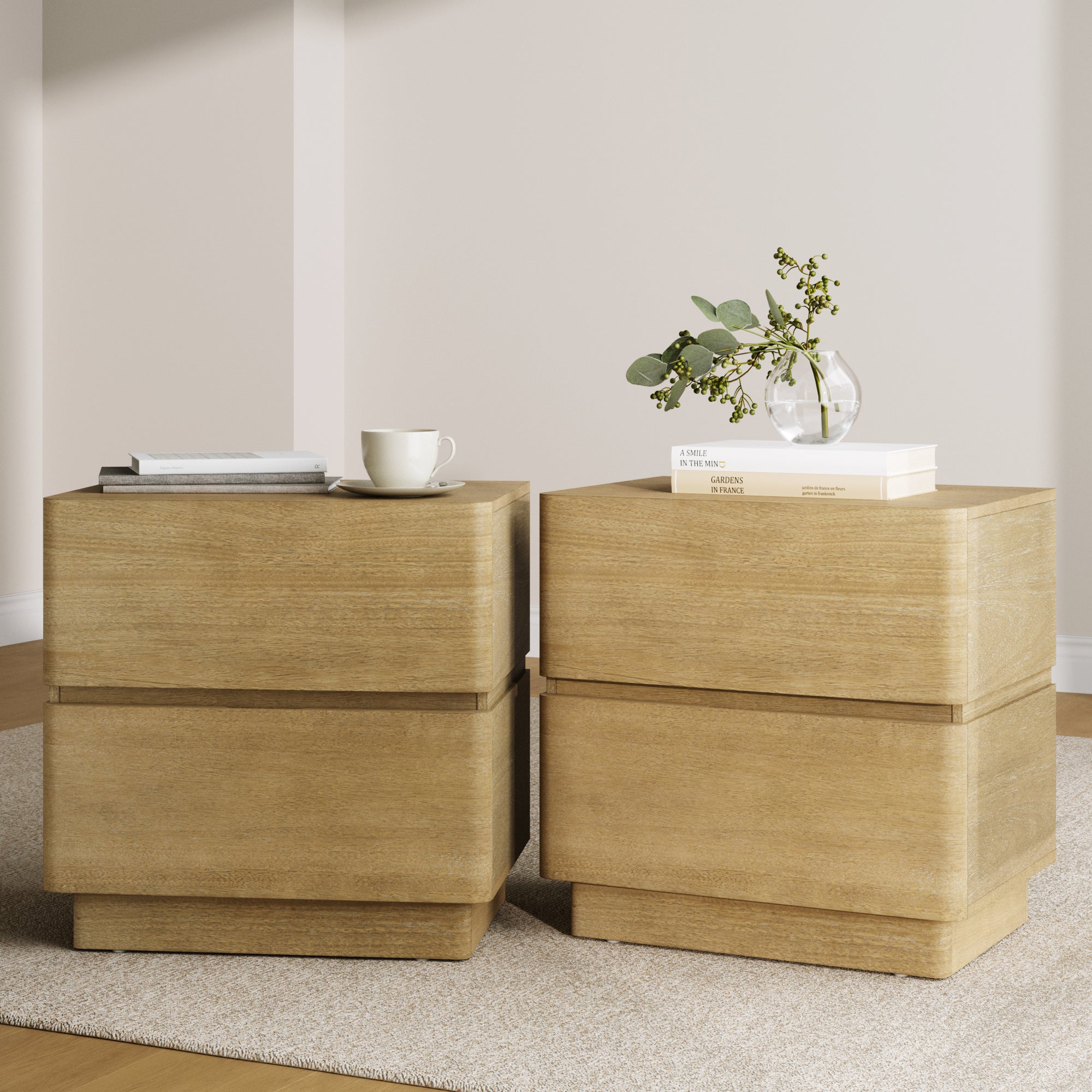 Modern Wood 2 Drawer Nightstand Light Brown Set of 2 - Nathan James
