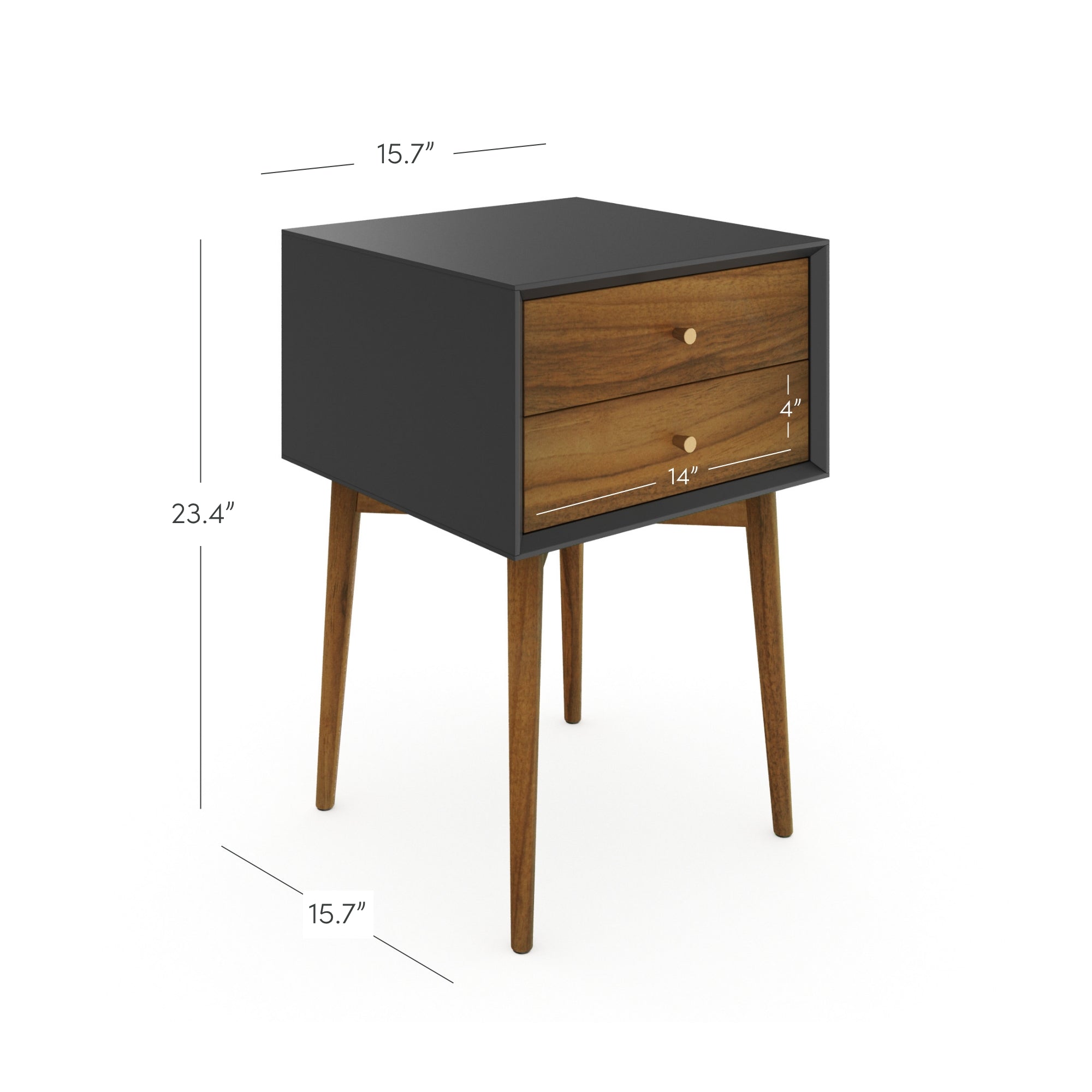 A modern nightstand with four wooden legs, a black frame, and two wooden drawers. Dimensions are 23.4 inches tall, and 15.7 inches wide and deep. Each drawer is 14 inches wide and 4.4 inches tall.