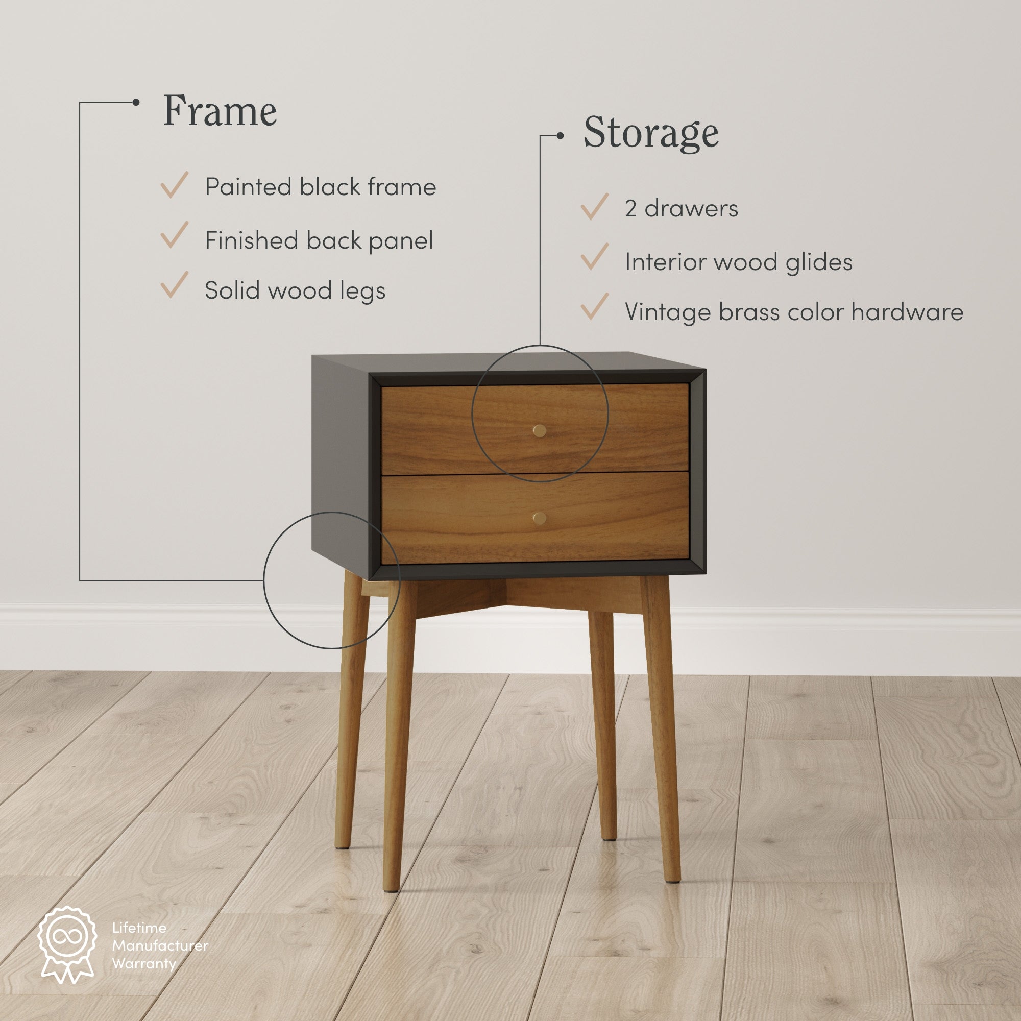 A modern wood nightstand with a painted black frame, two drawers, solid wood legs, and vintage brass hardware, is shown on a light wood floor with text highlighting its features.