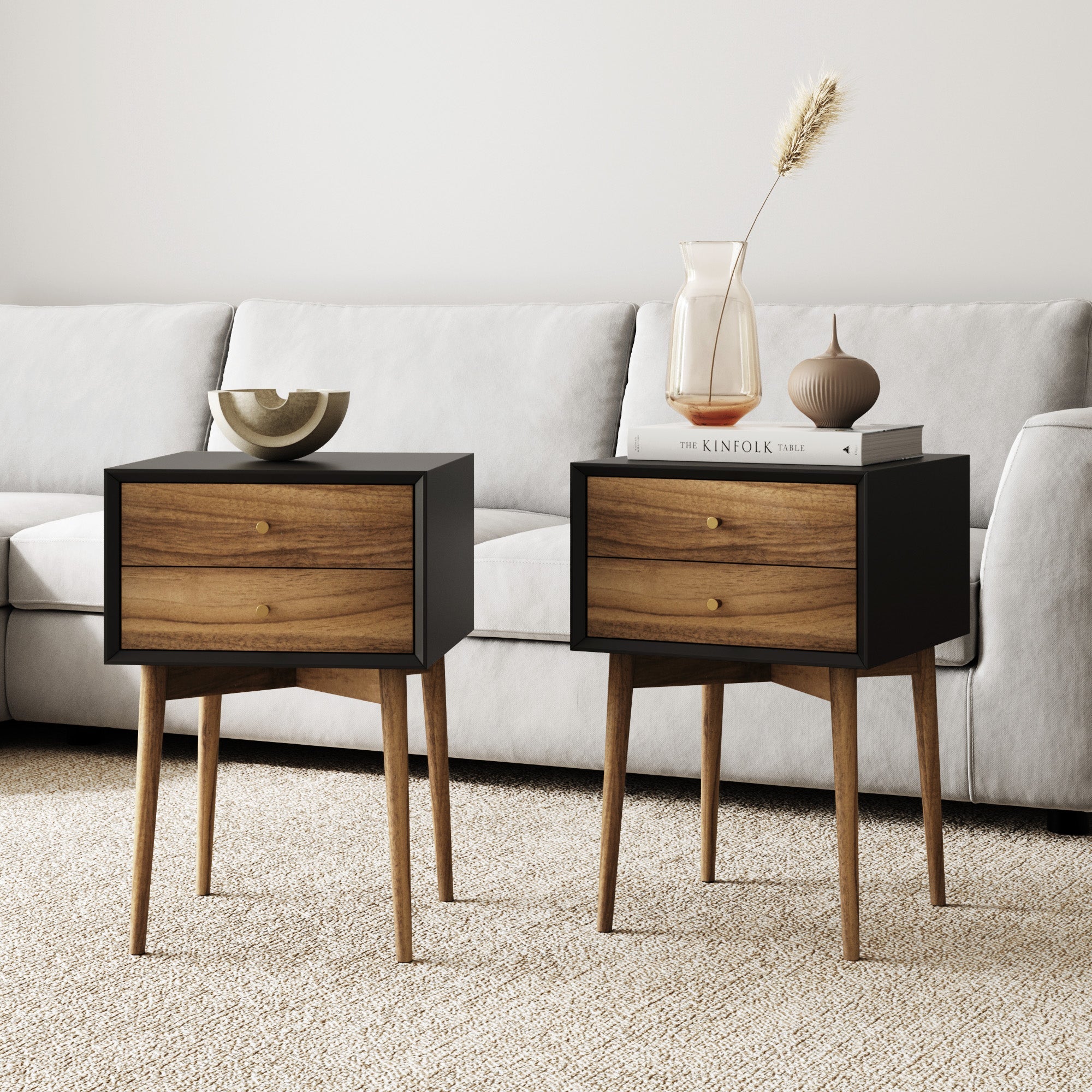 Wood Mid - Century Nightstands Black (Set of 2) - Nathan James
