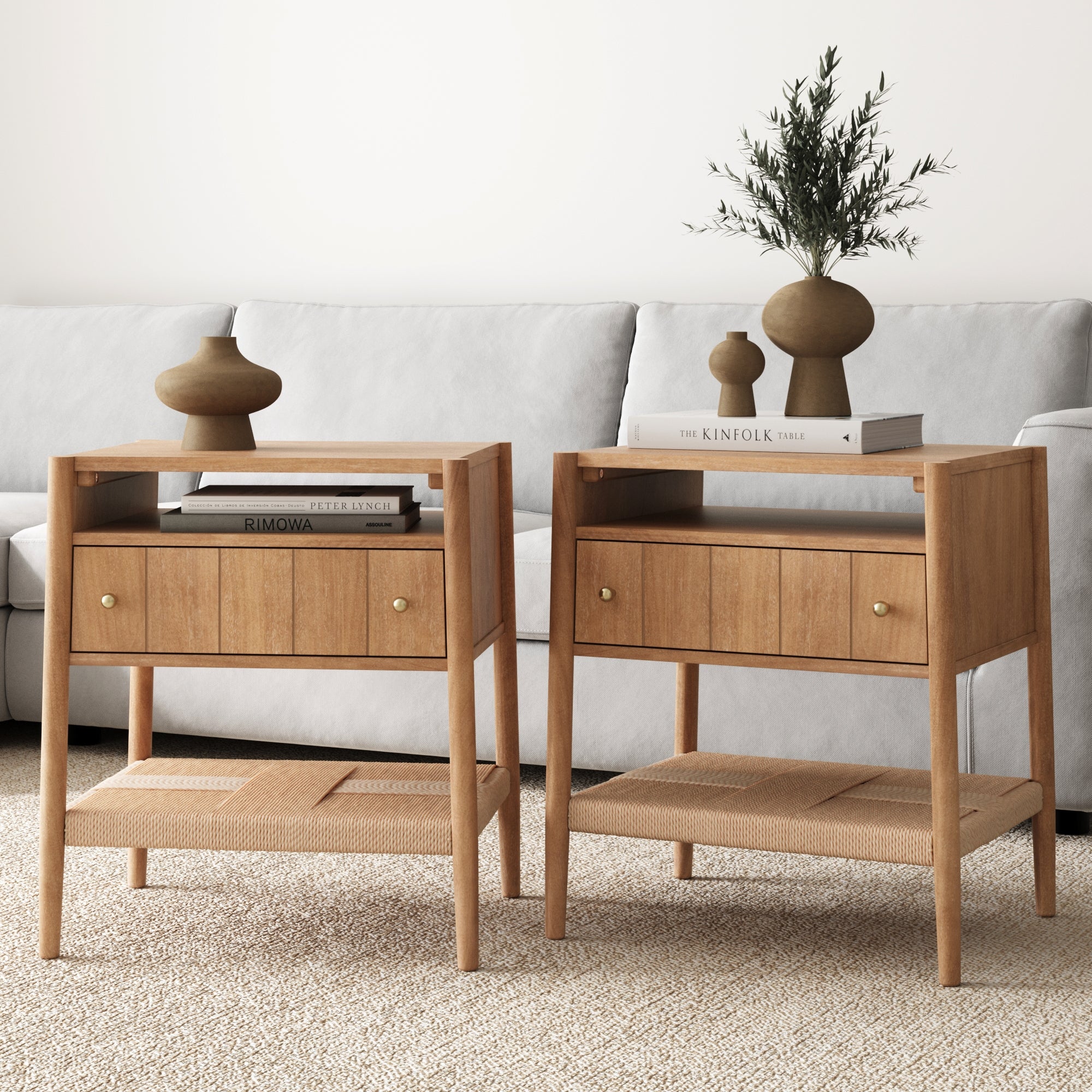 Wood Nightstand with Drawer & Seagrass Storage Light Brown (Set of 2) - Nathan James