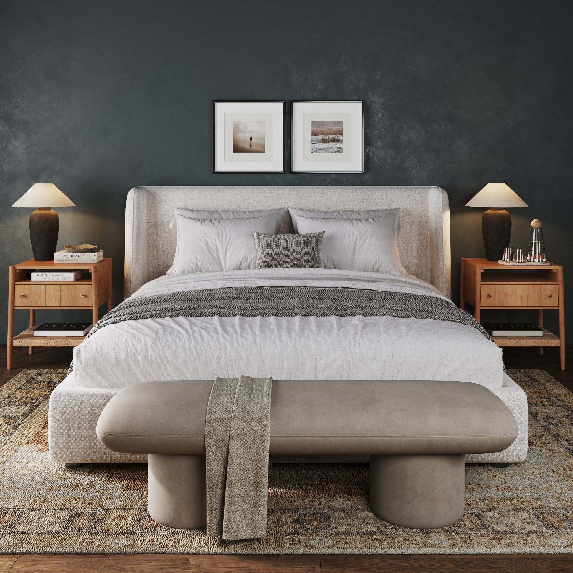 Wood Nightstand with Drawer & Seagrass Storage Light Brown (Set of 2) - Nathan James