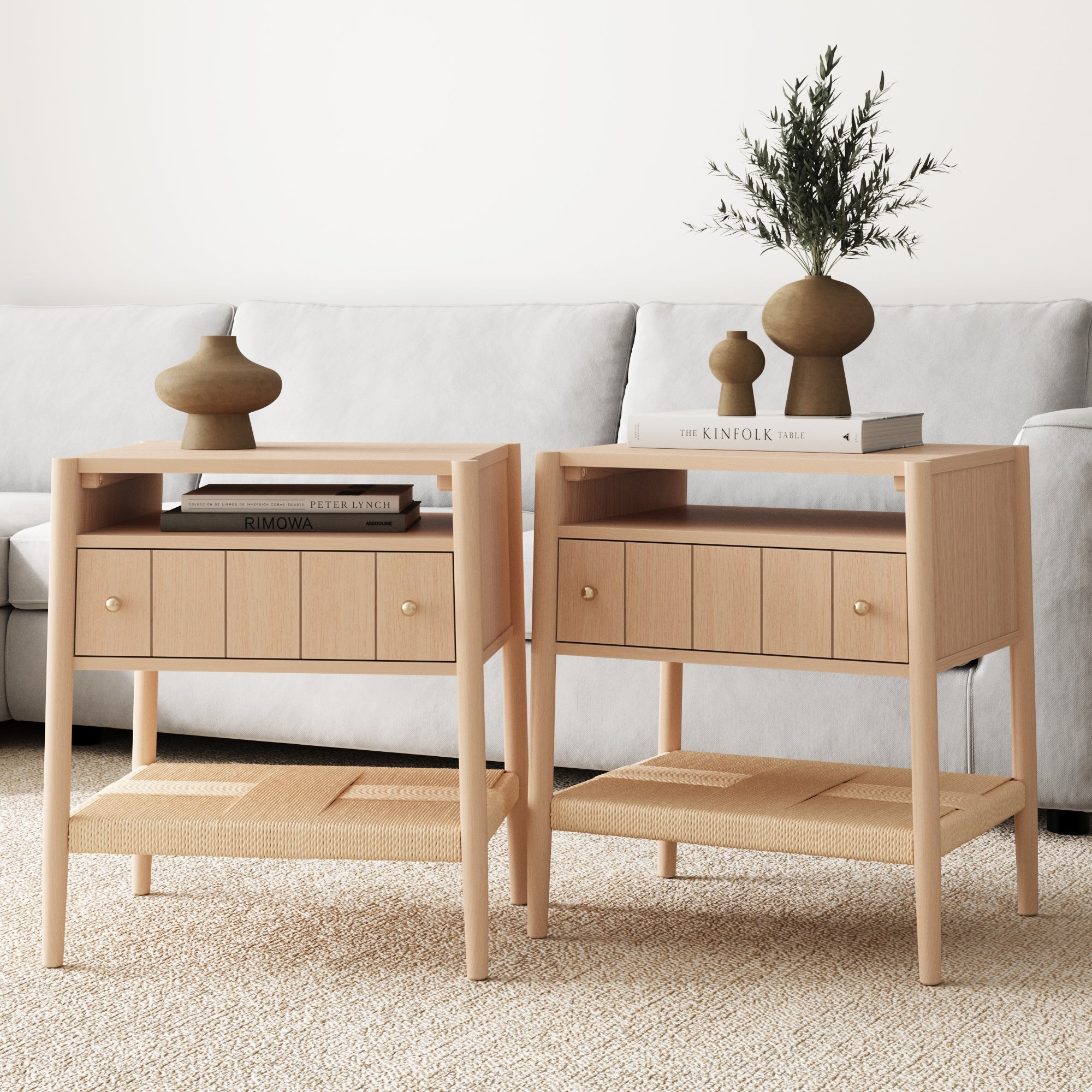 Wood Nightstand with Drawer & Seagrass Storage Raw Oak (Set of 2) - Nathan James