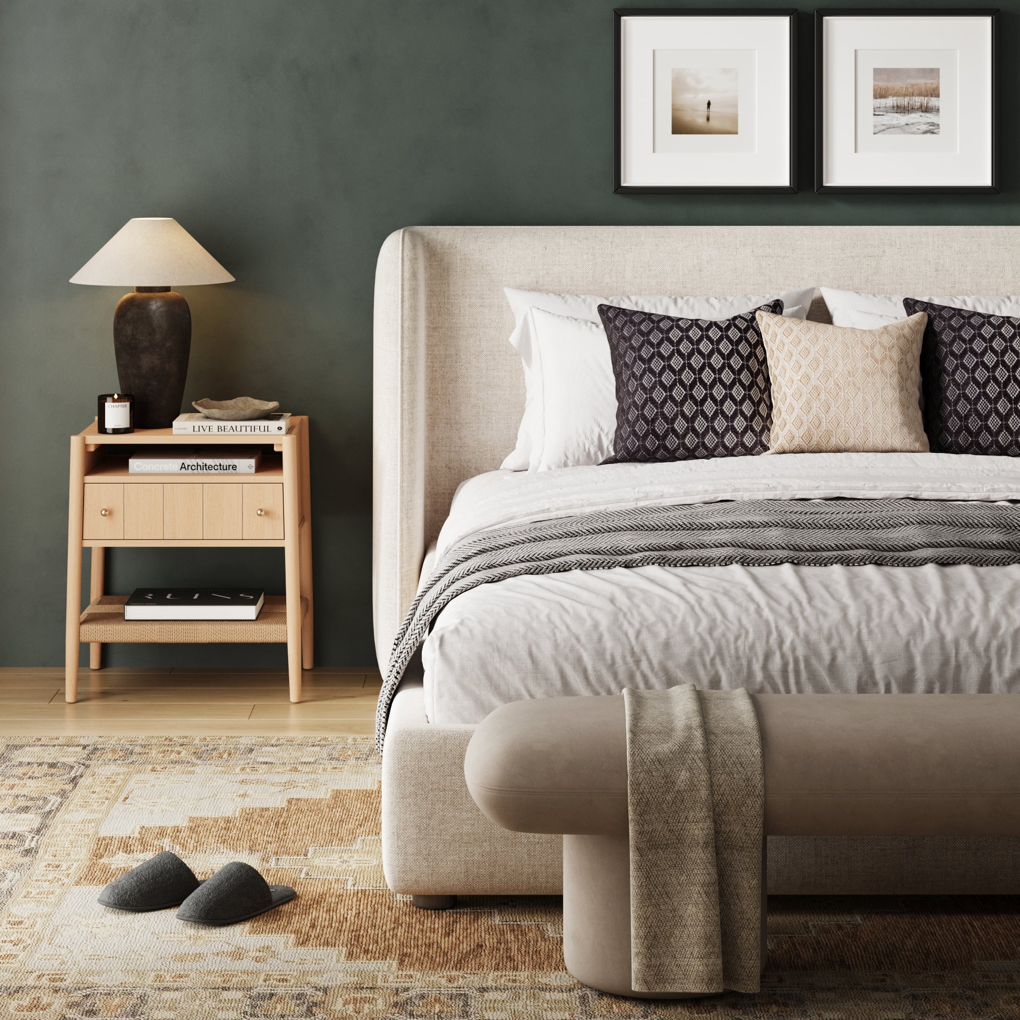 Wood Nightstand with Drawer & Seagrass Storage Raw Oak - Nathan James