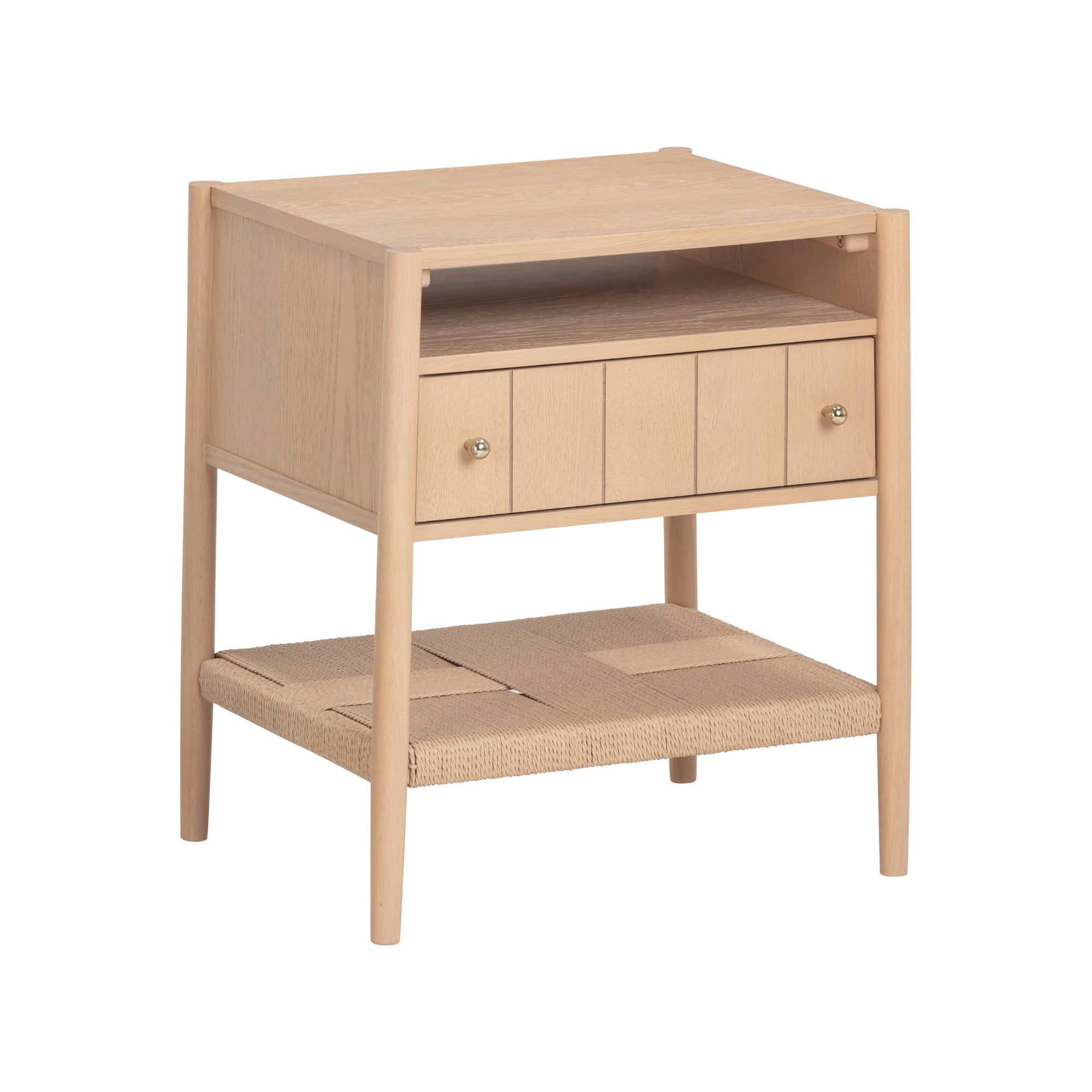 Light wood nightstand with one open shelf, a closed drawer with two knobs, and a woven lower shelf. The design is minimalist with clean lines and tapered legs.