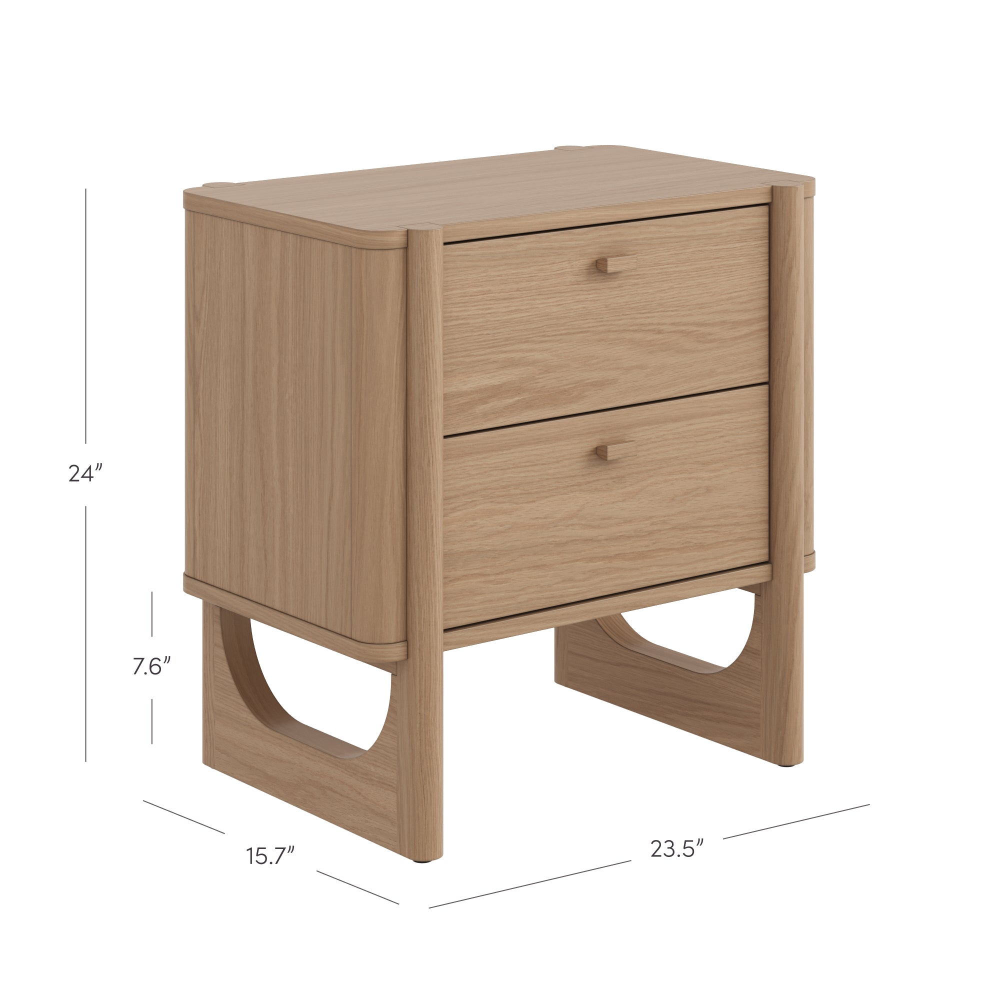 Light wood nightstand with two drawers and rounded edges. Dimensions are 24 inches tall, 23.5 inches wide, and 15.7 inches deep. Drawer height is 7.6 inches. Modern, minimalist design with open side panels at the base.